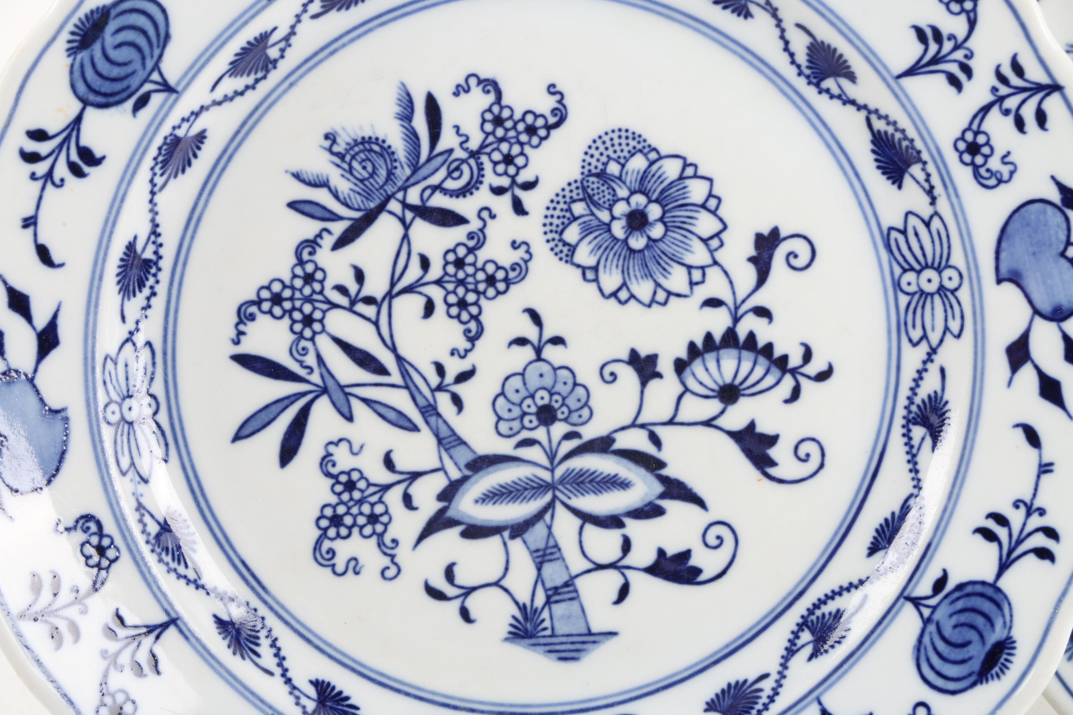 English "Meissen" and Carl Teichert Blue Onion Plates with Food Warmer