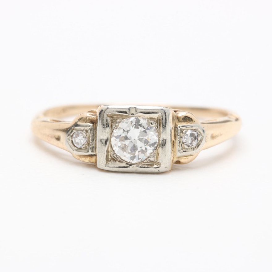 Circa 1930s 14K Yellow Gold Diamond Ring with White Gold Accents