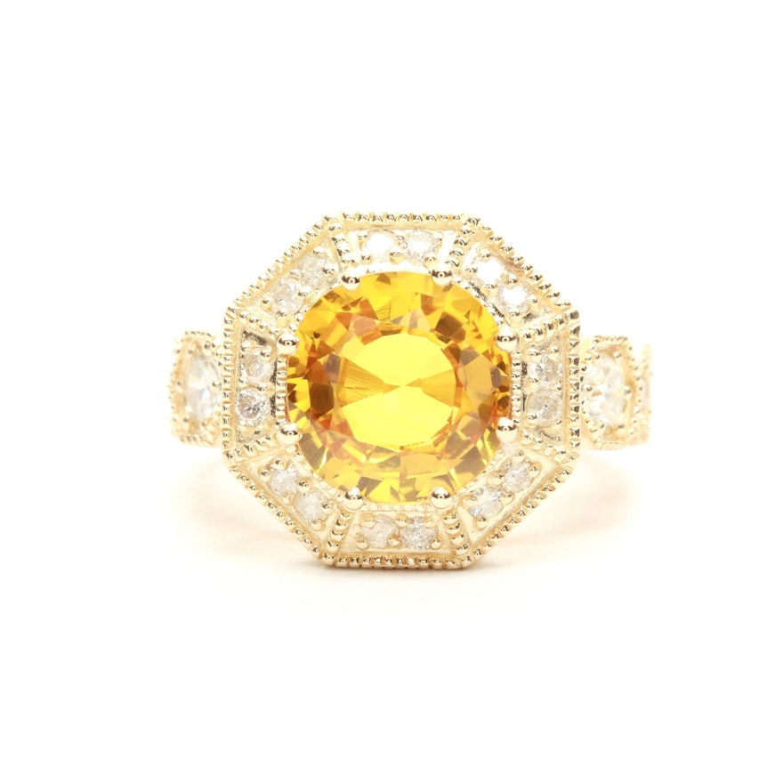 14K Yellow Gold 3.95 CT Yellow Sapphire and Diamond Ring