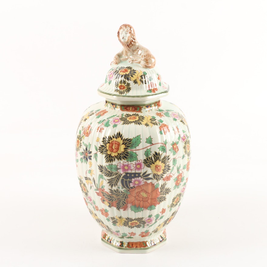 Belgian Henri Bequet Handmade Floral Themed Urn with Figurative Lion Lid