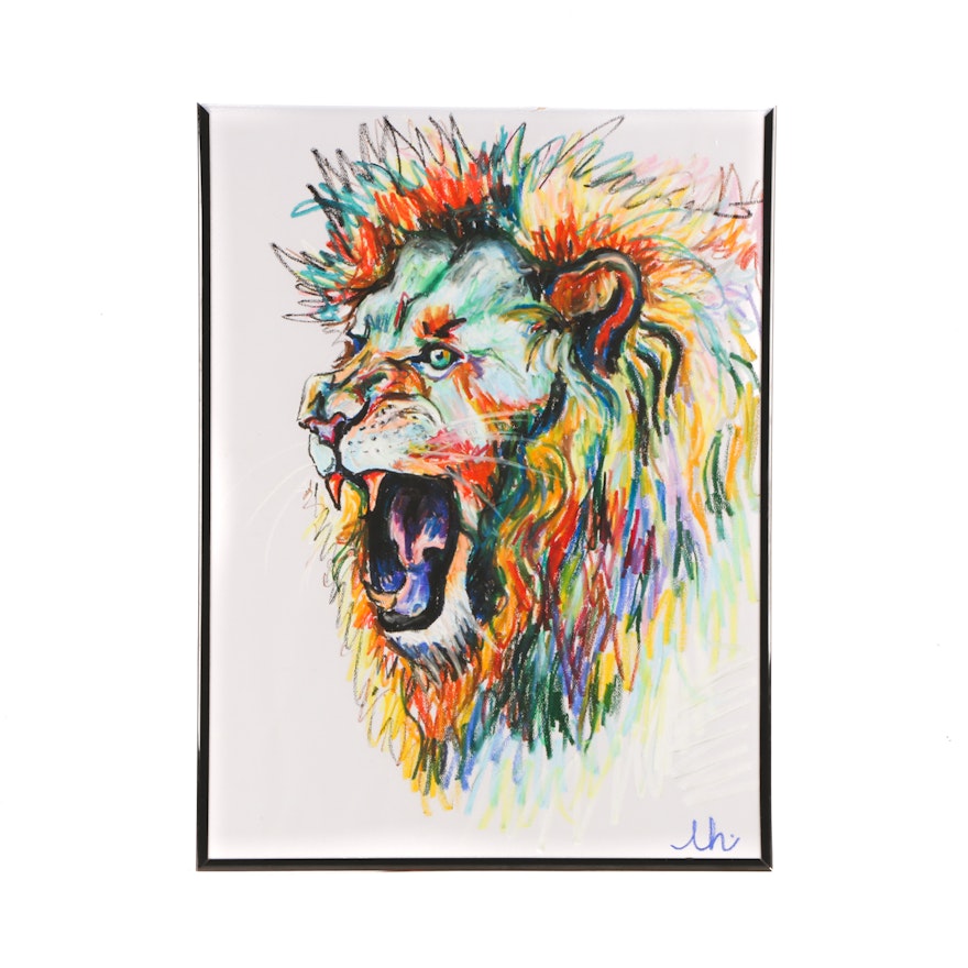 Linnea Head Original Oil Pastel on Paper Lion Portrait