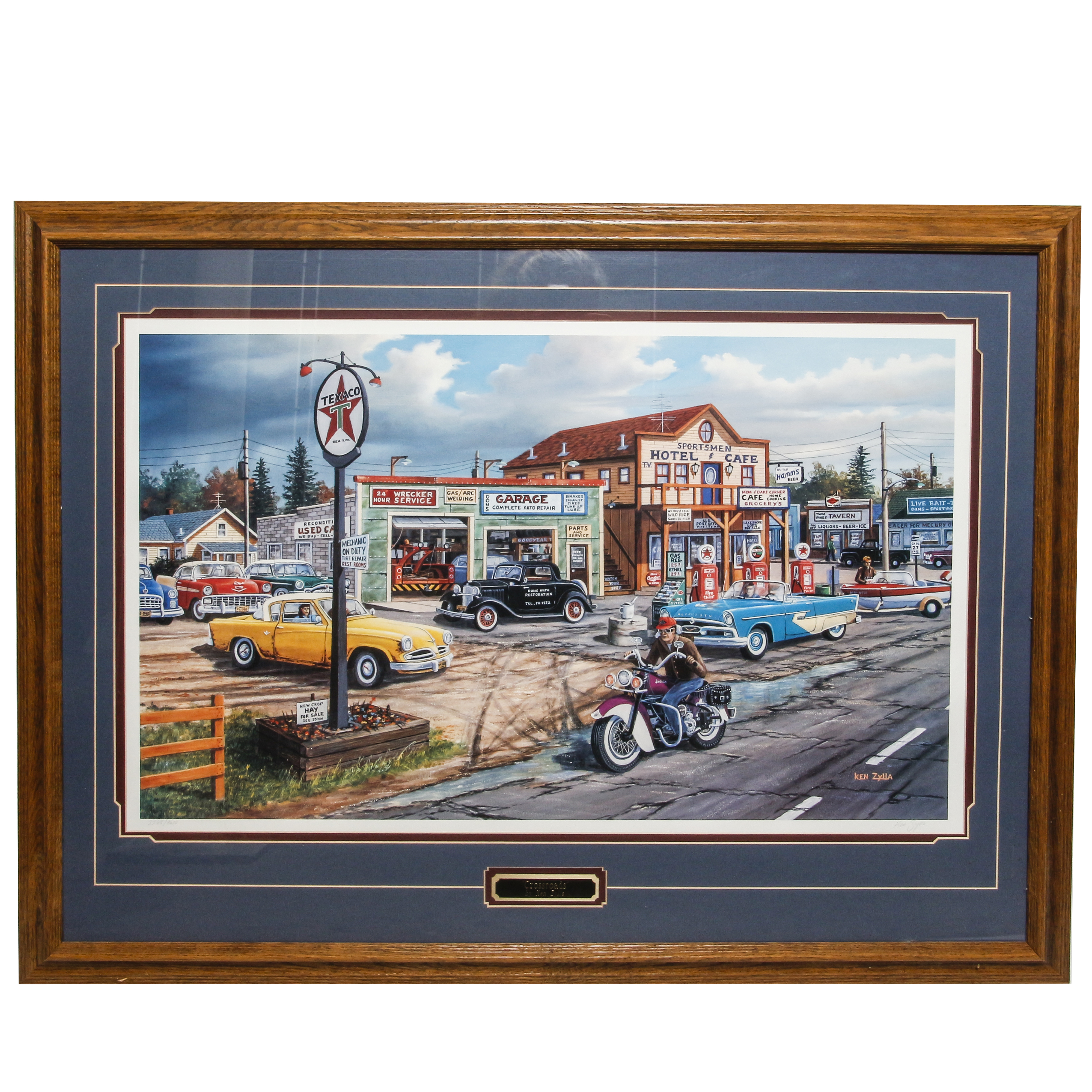 Offset Lithograph of City Street with Texaco Gas Station