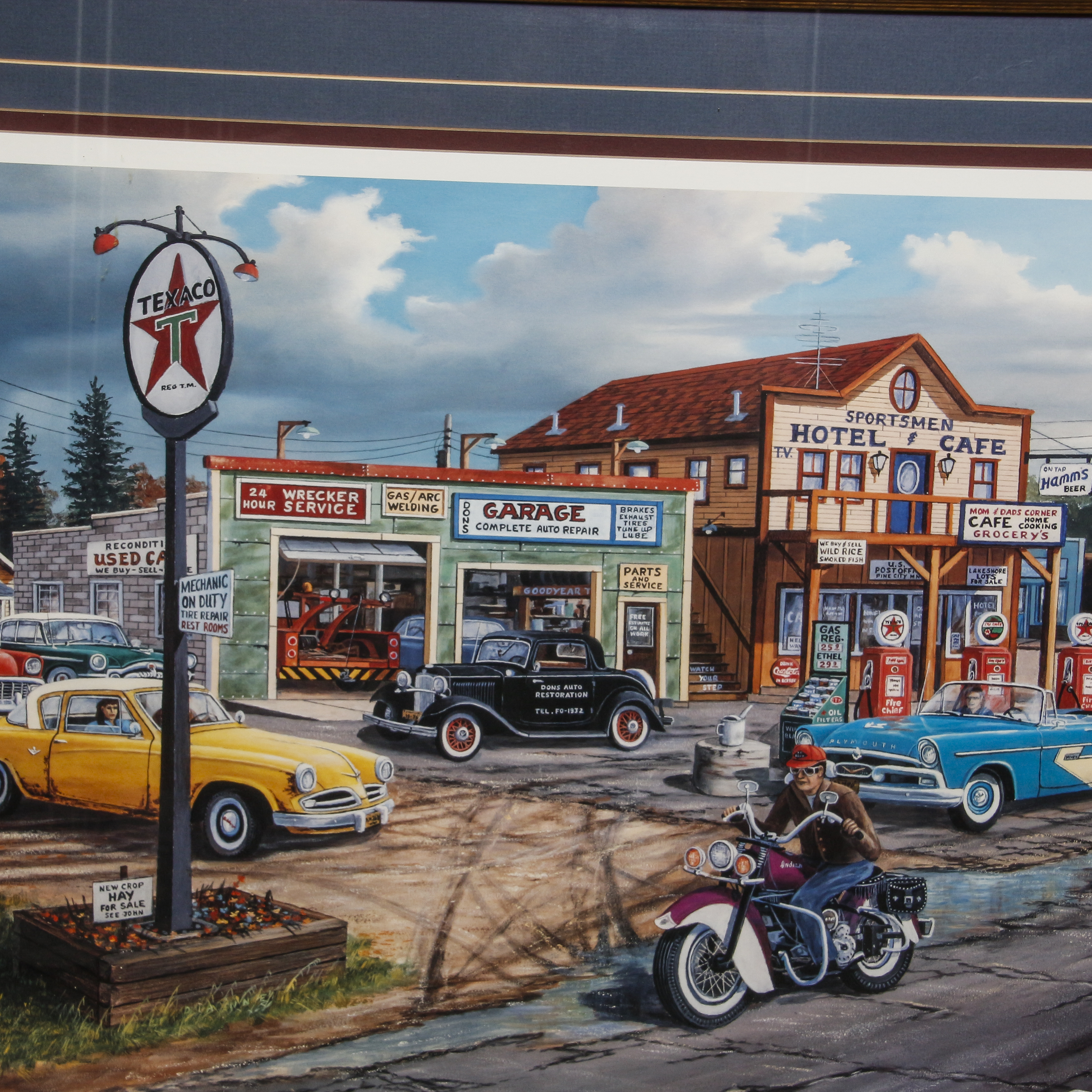 Offset Lithograph of City Street with Texaco Gas Station