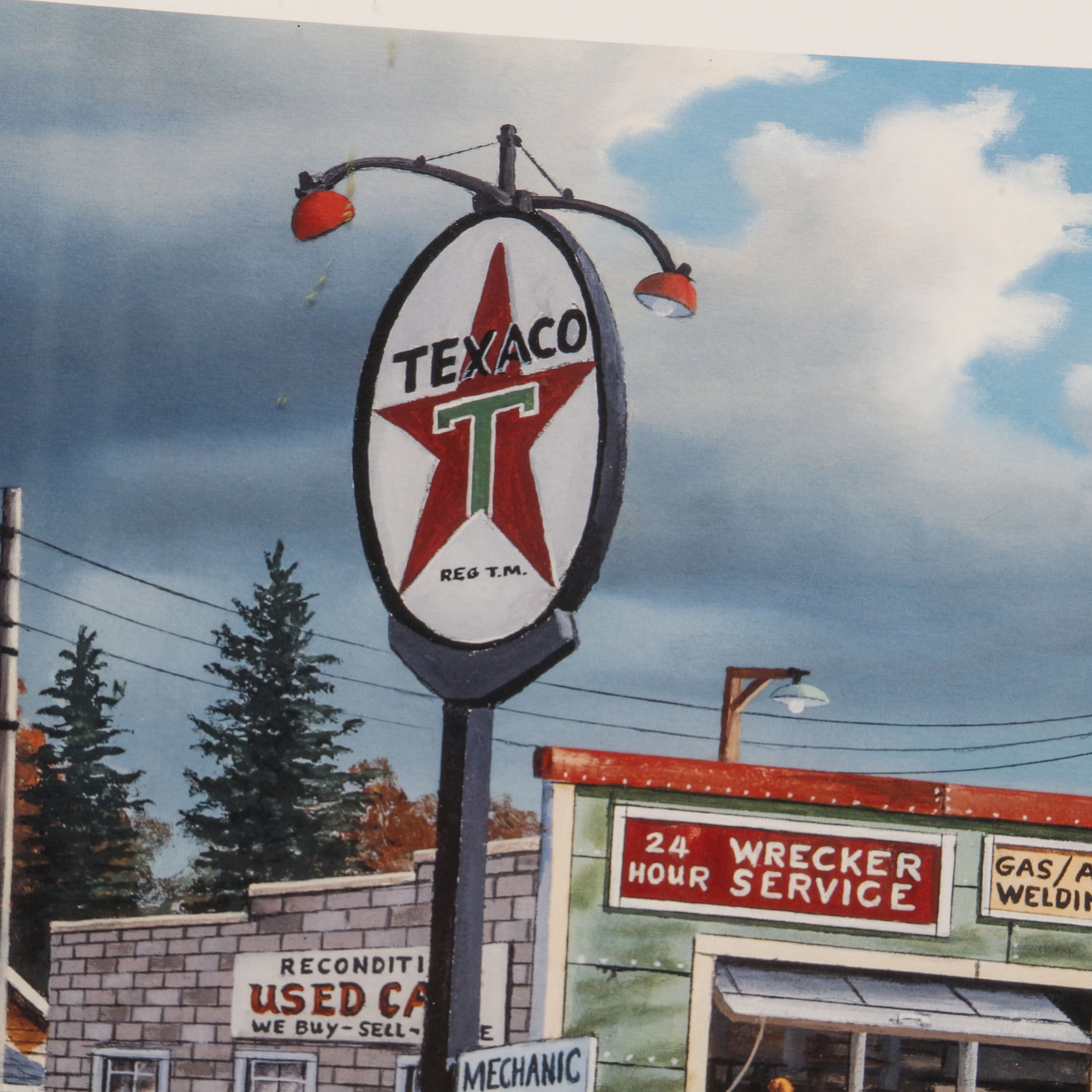 Offset Lithograph of City Street with Texaco Gas Station