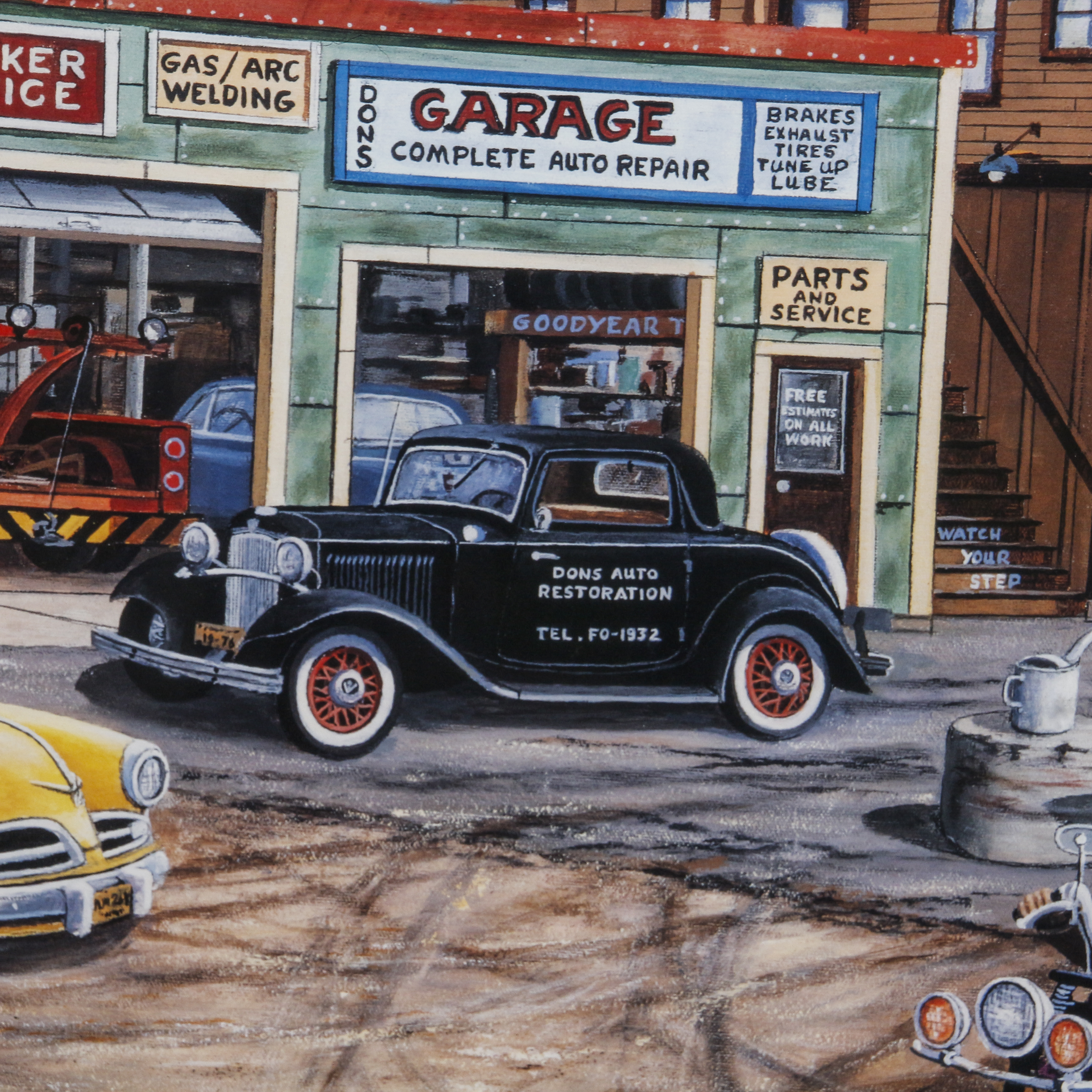 Offset Lithograph of City Street with Texaco Gas Station