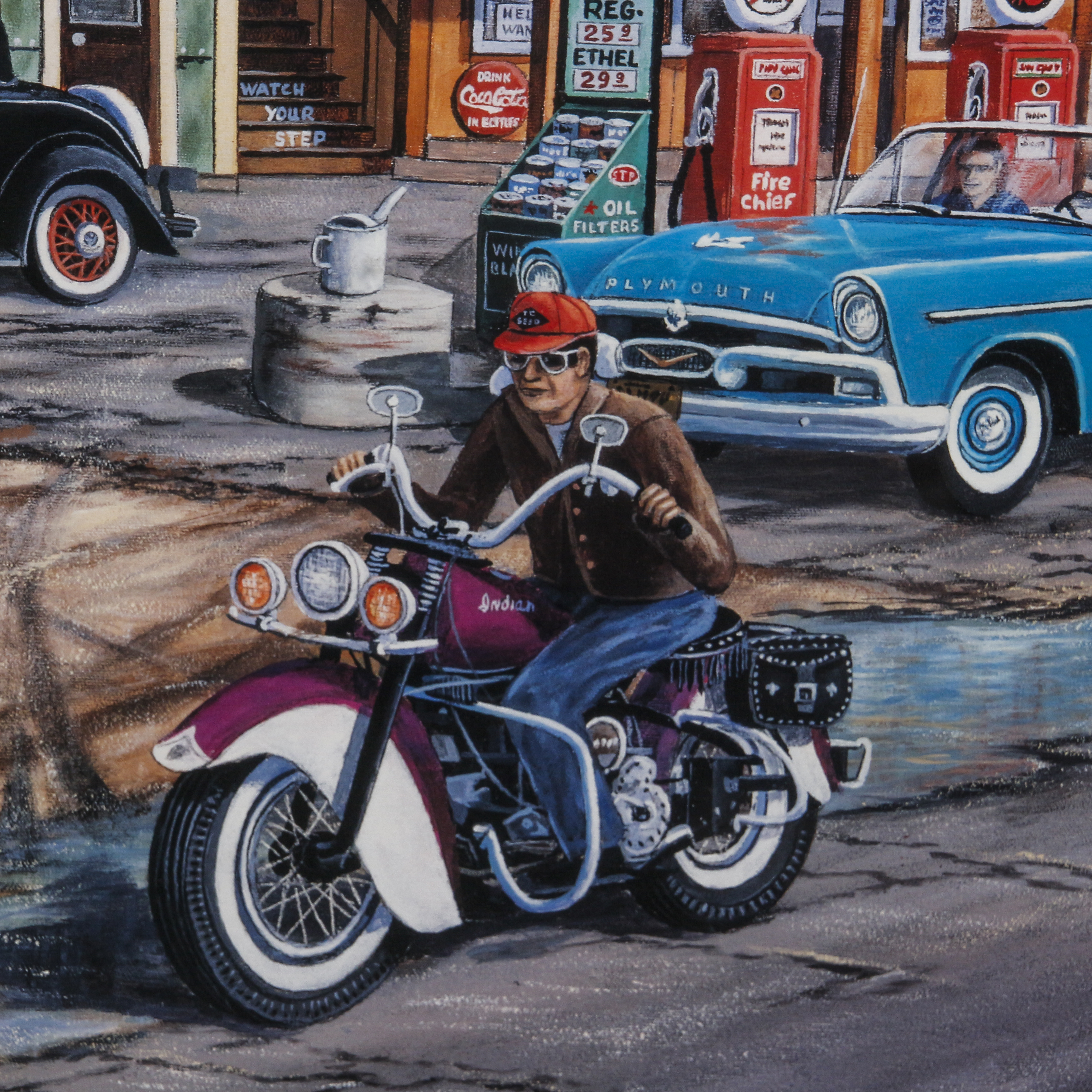 Offset Lithograph of City Street with Texaco Gas Station