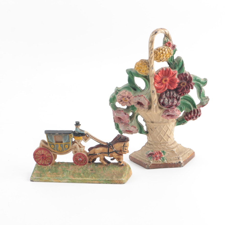 Cast Iron Doorstops of Flowers and Carriage including Hubley