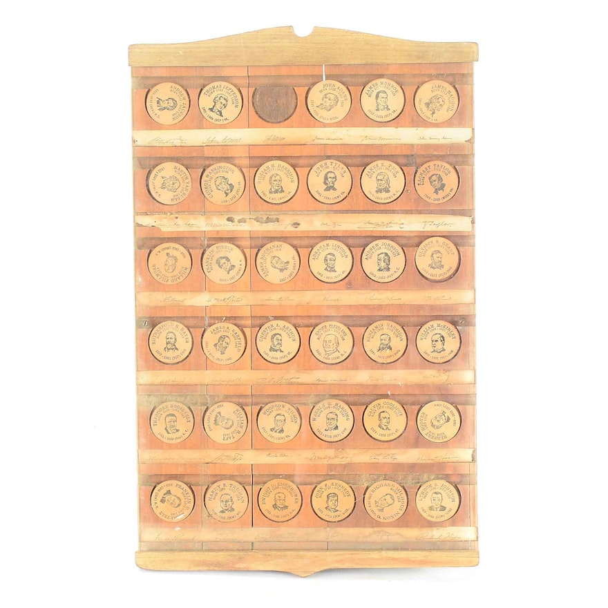 Vintage Wooden Tokens of Presidents in Case