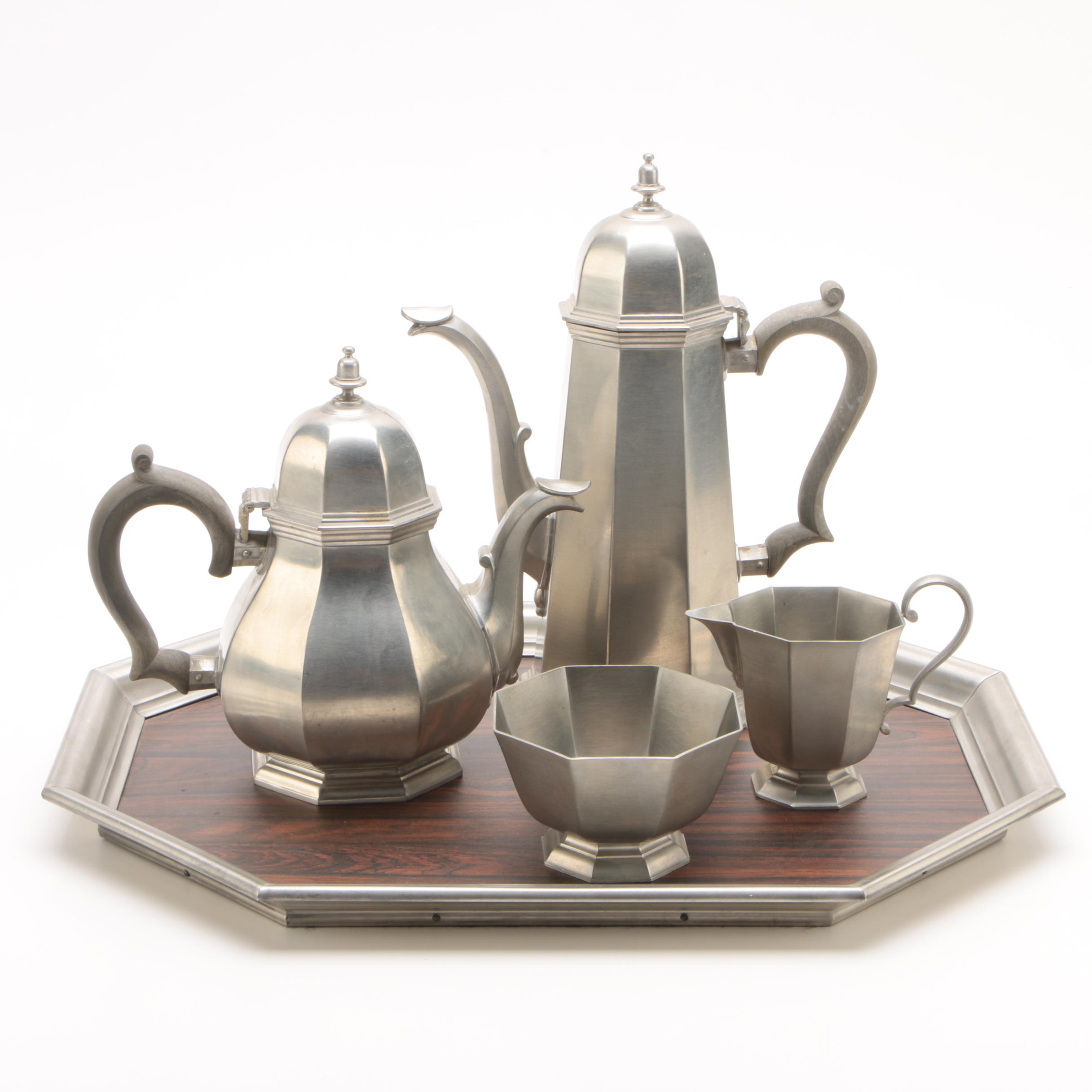 Vintage Gorham Pewter "Octette" Tea and Coffee Service Set with Tray