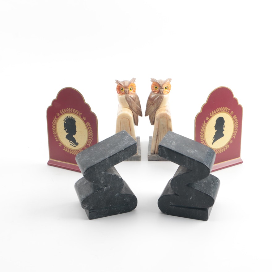 Figurative Owl and Abstract Soapstone Bookends with a Tole Silhouette Pair