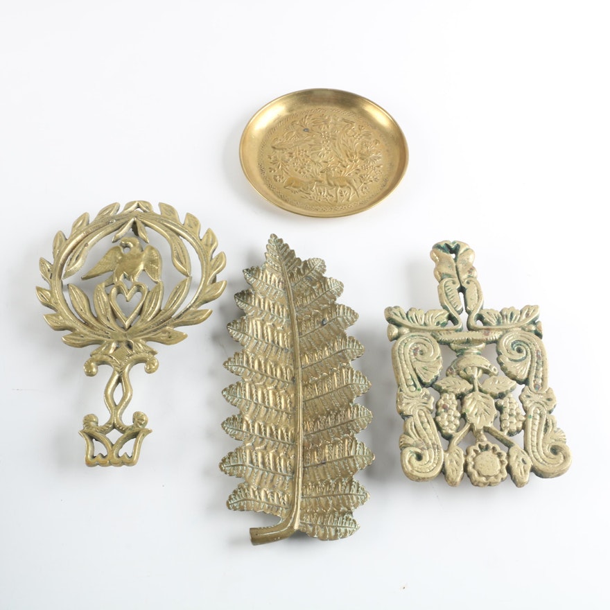 Brass Toned Foliate and Fauna Themed Trivets and Trays