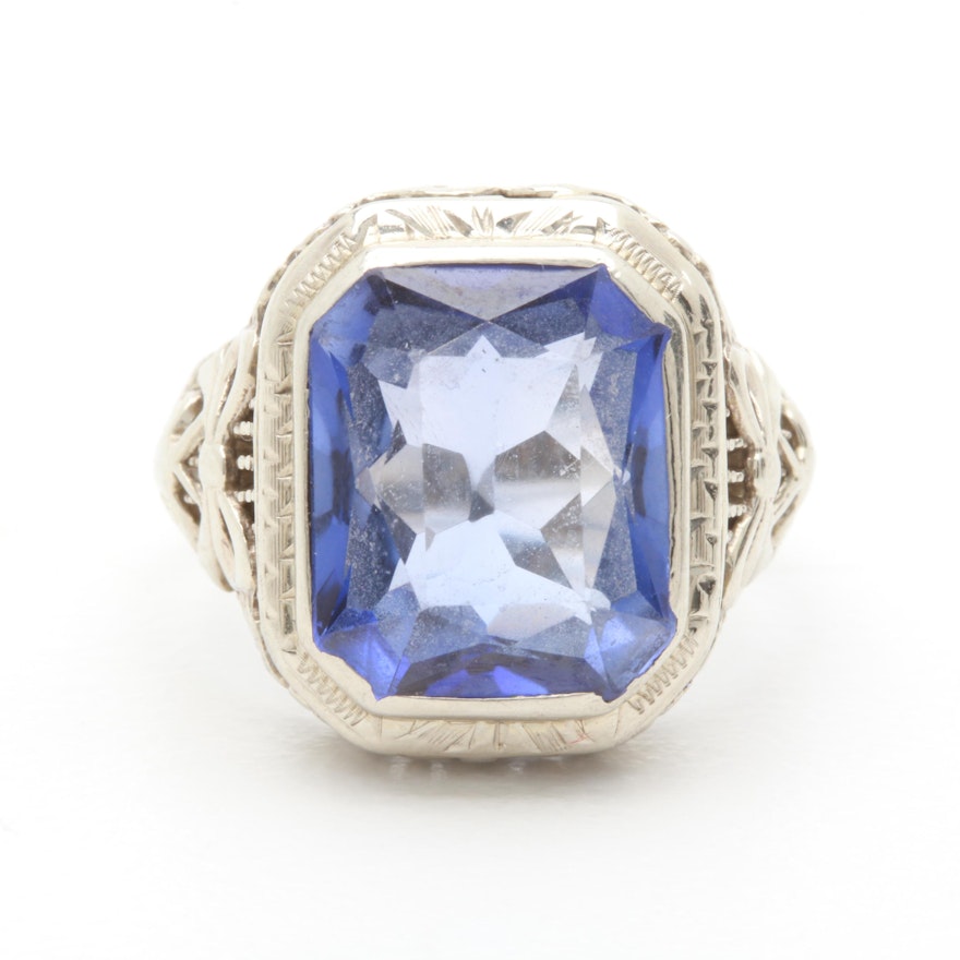 Vintage 14K White Gold Synthetic Blue Sapphire Ring