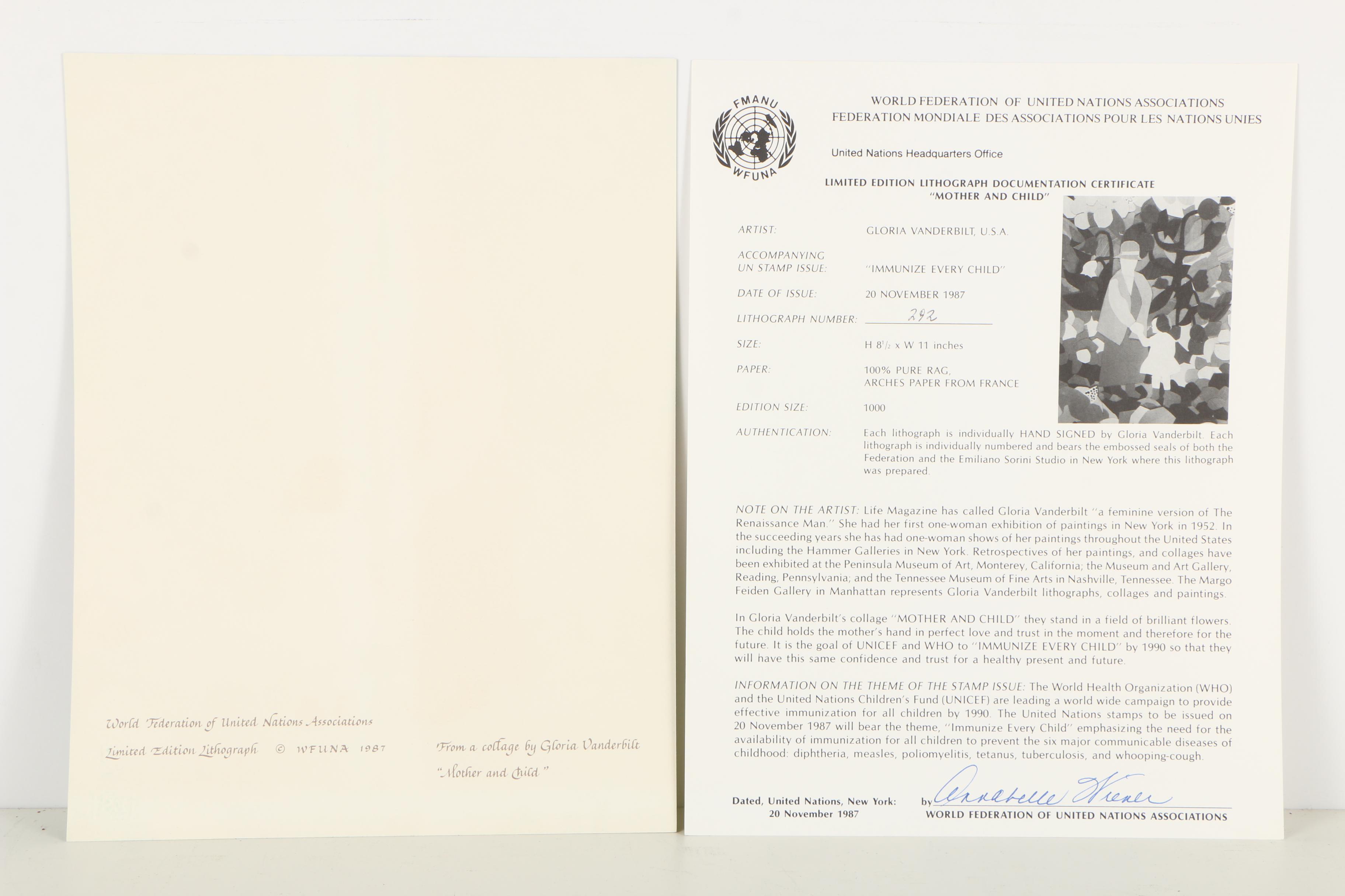 Gloria Vanderbilt Lithograph "Mother and Child"