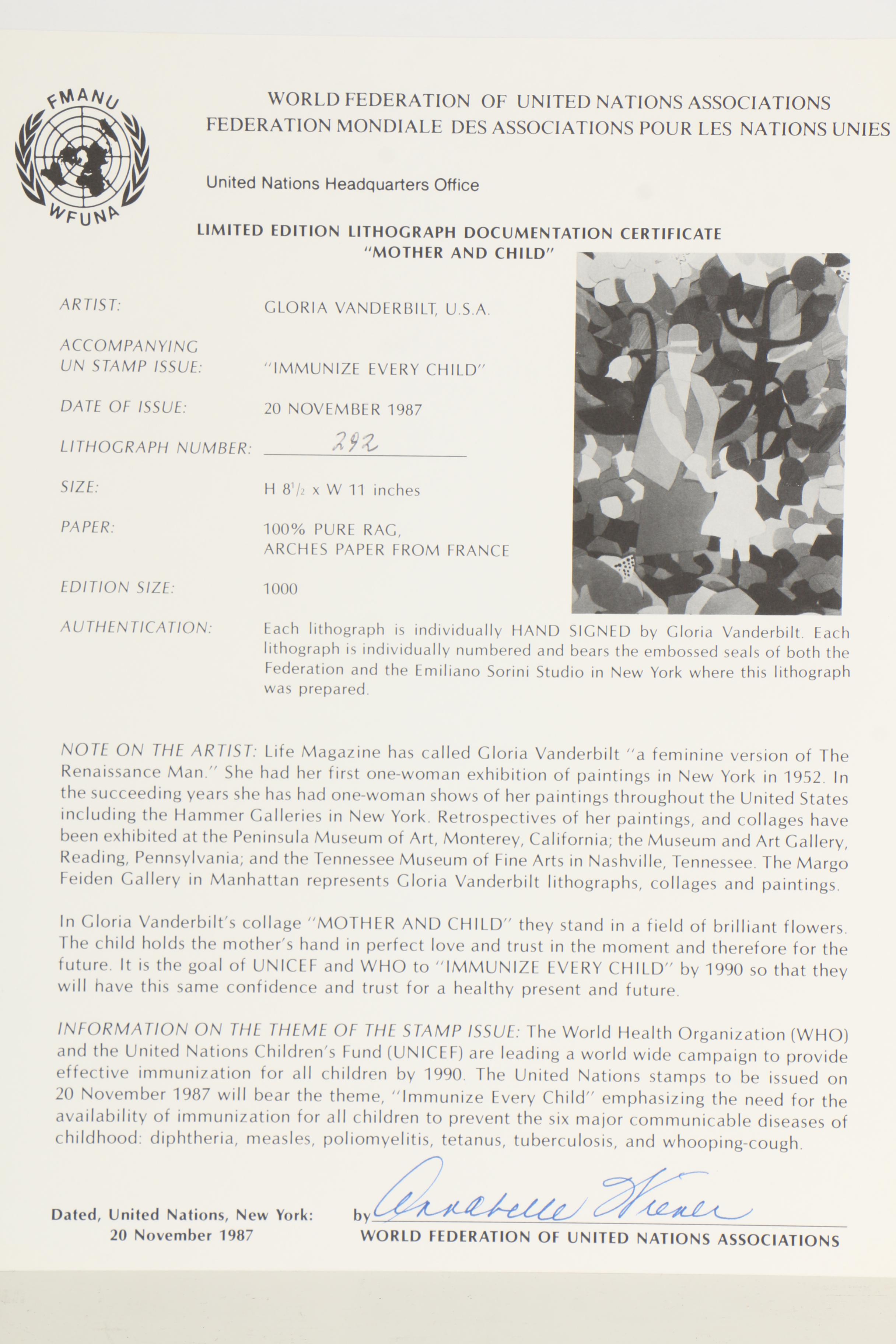 Gloria Vanderbilt Lithograph "Mother and Child"