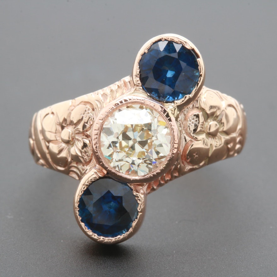 Circa 1900 10K Rose Gold 1.09 CT Diamond and Sapphire Ring