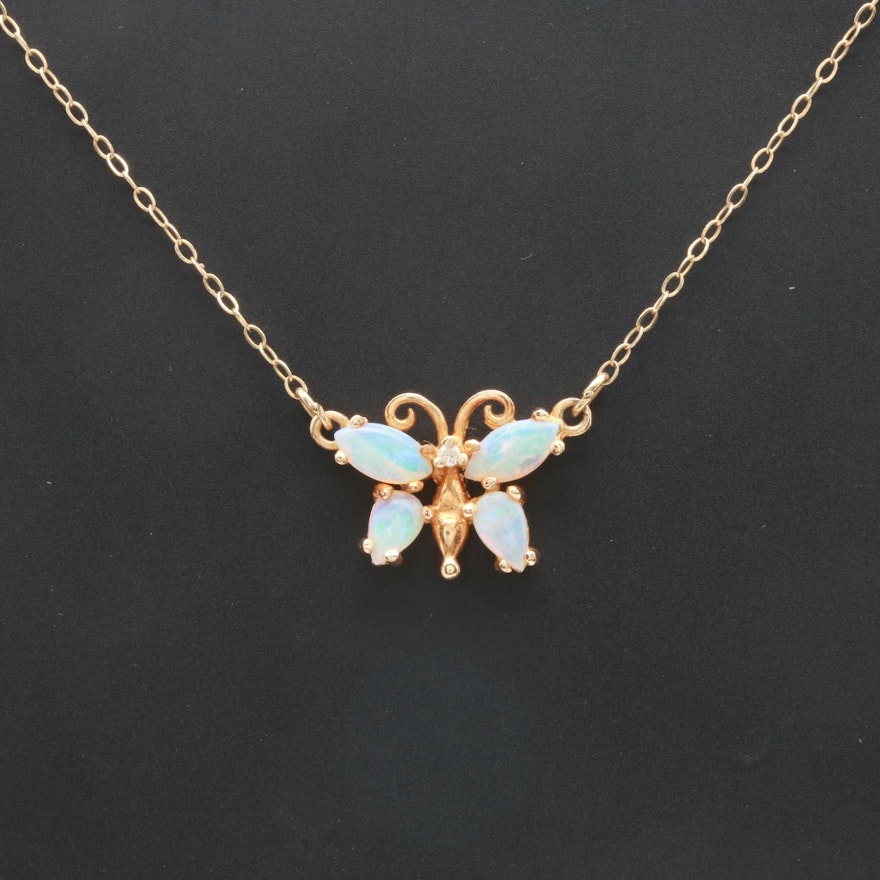 14K Yellow Gold Diamond and Opal Necklace