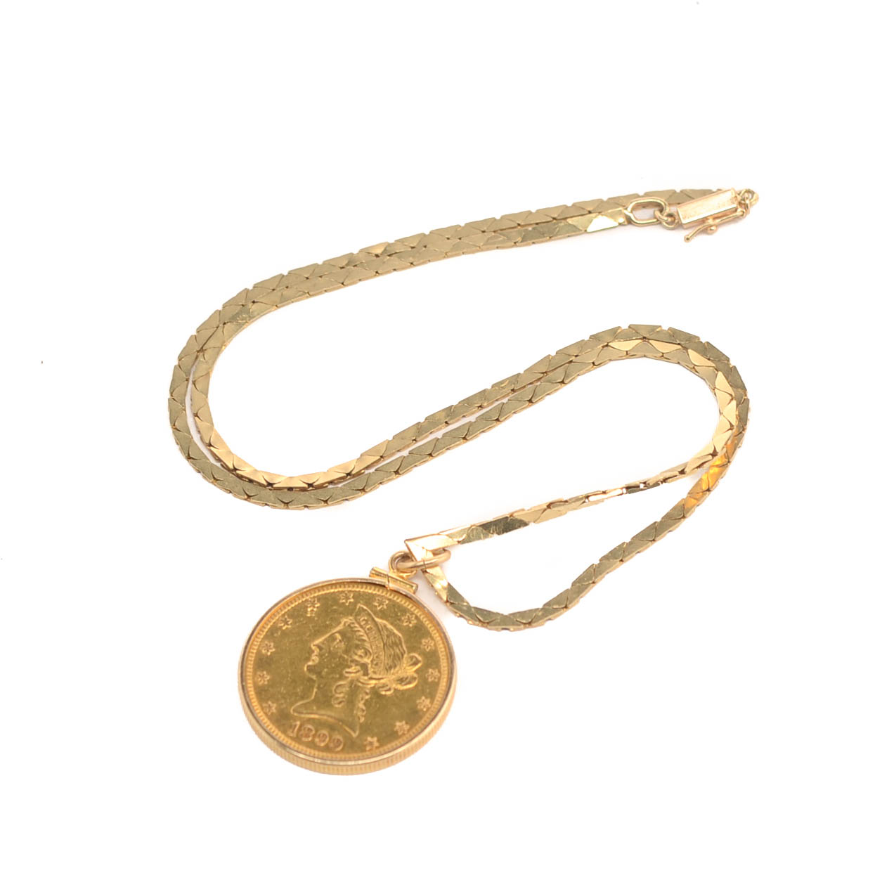 1899-S Liberty Head $10 Gold Coin with 14K Yellow Gold Bezel and Chain