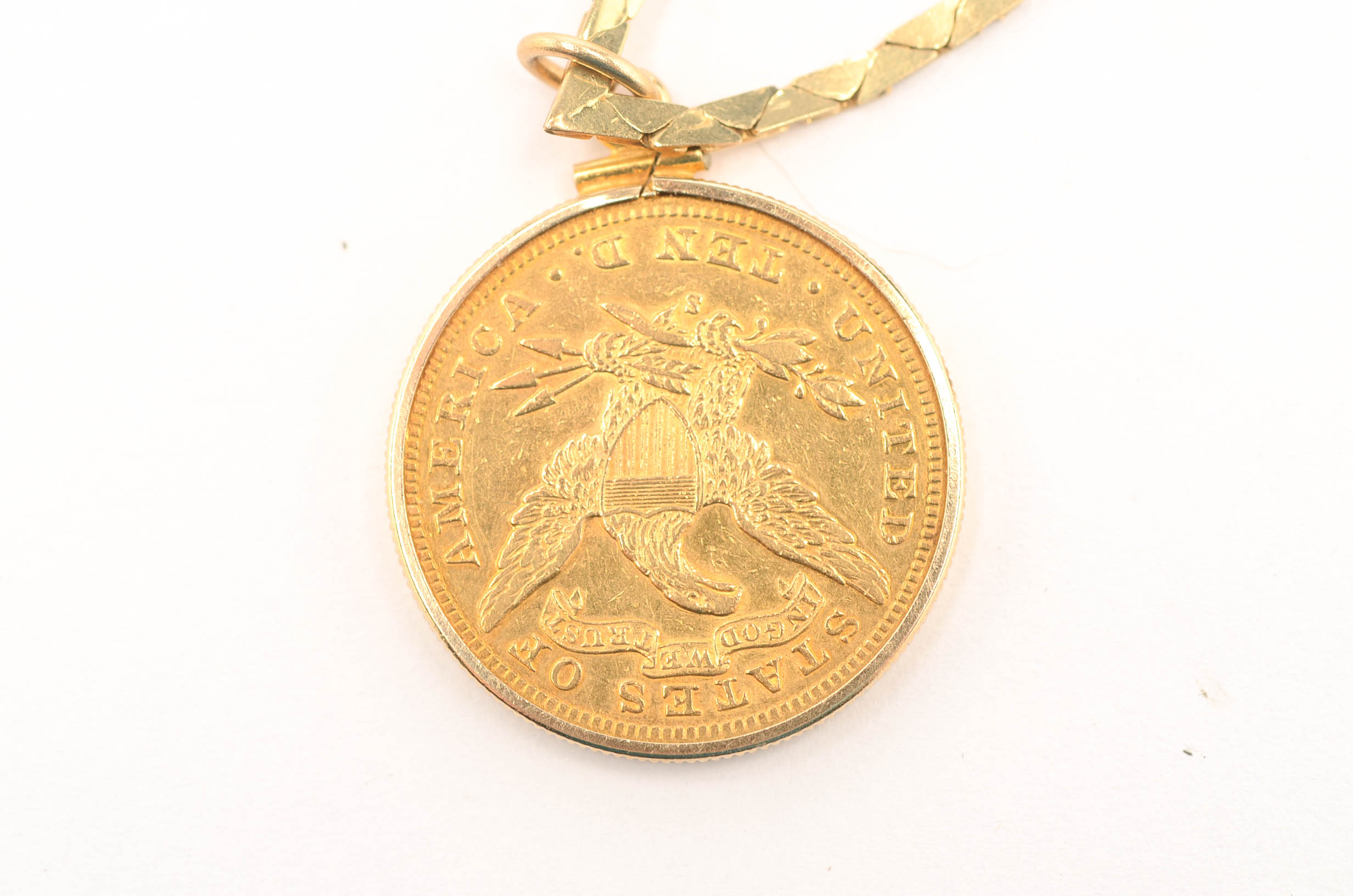 1899-S Liberty Head $10 Gold Coin with 14K Yellow Gold Bezel and Chain