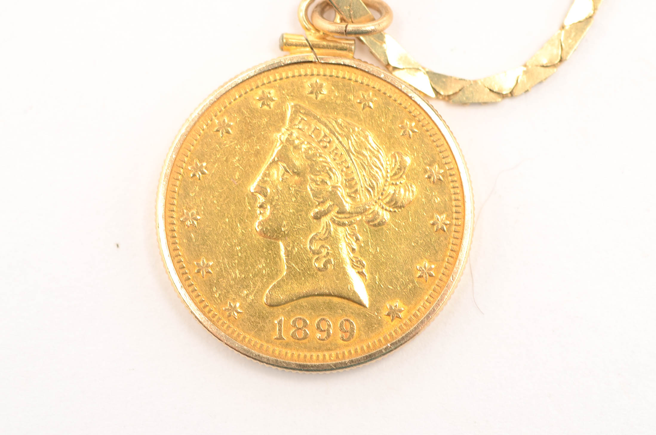 1899-S Liberty Head $10 Gold Coin with 14K Yellow Gold Bezel and Chain