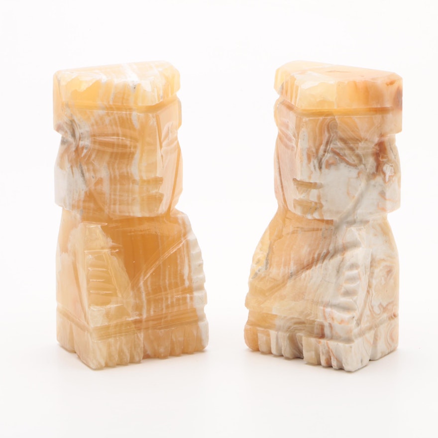 Carved Banded Calcite Figural Bookends