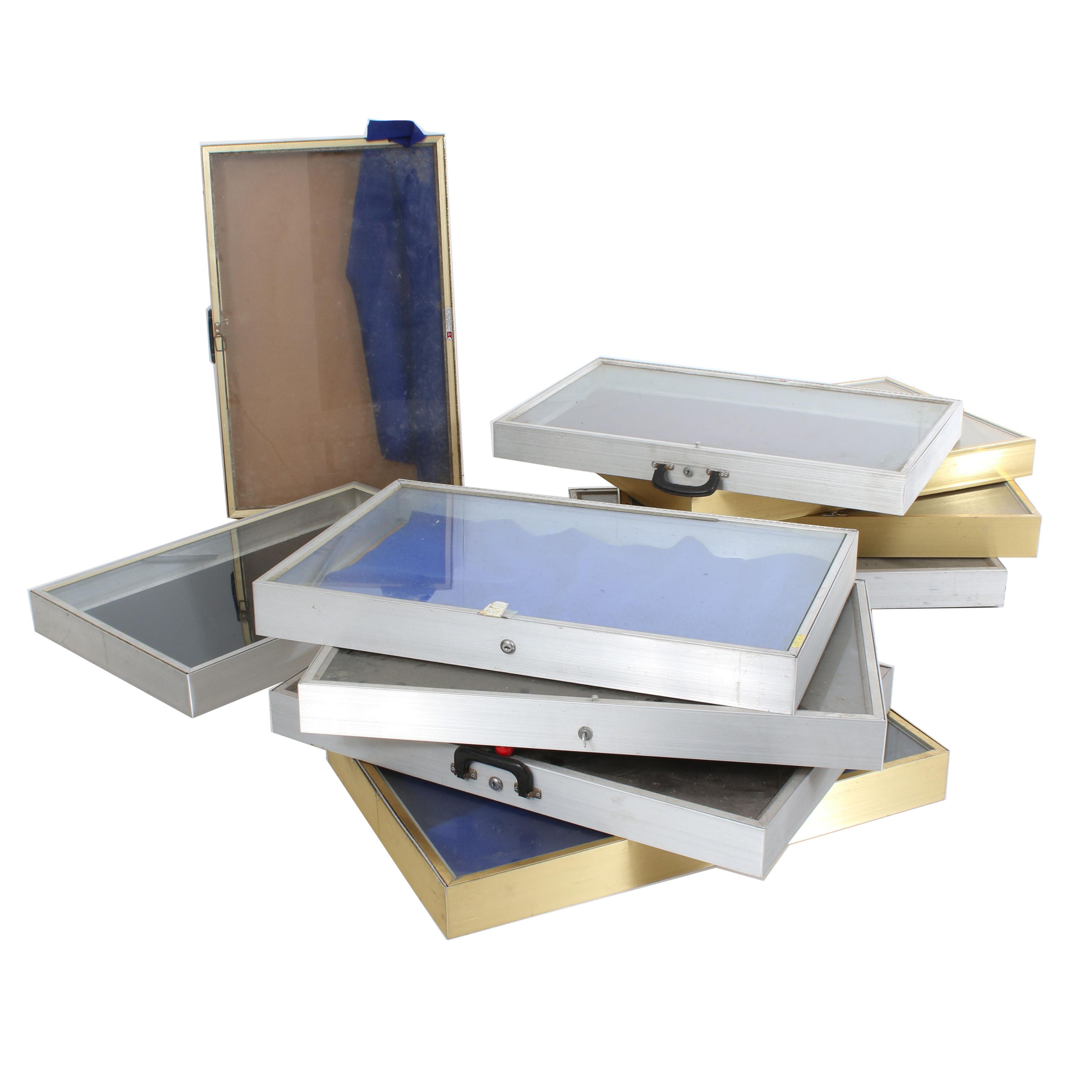 Ten Portable Table Top Cases with Hinged Glass Tops
