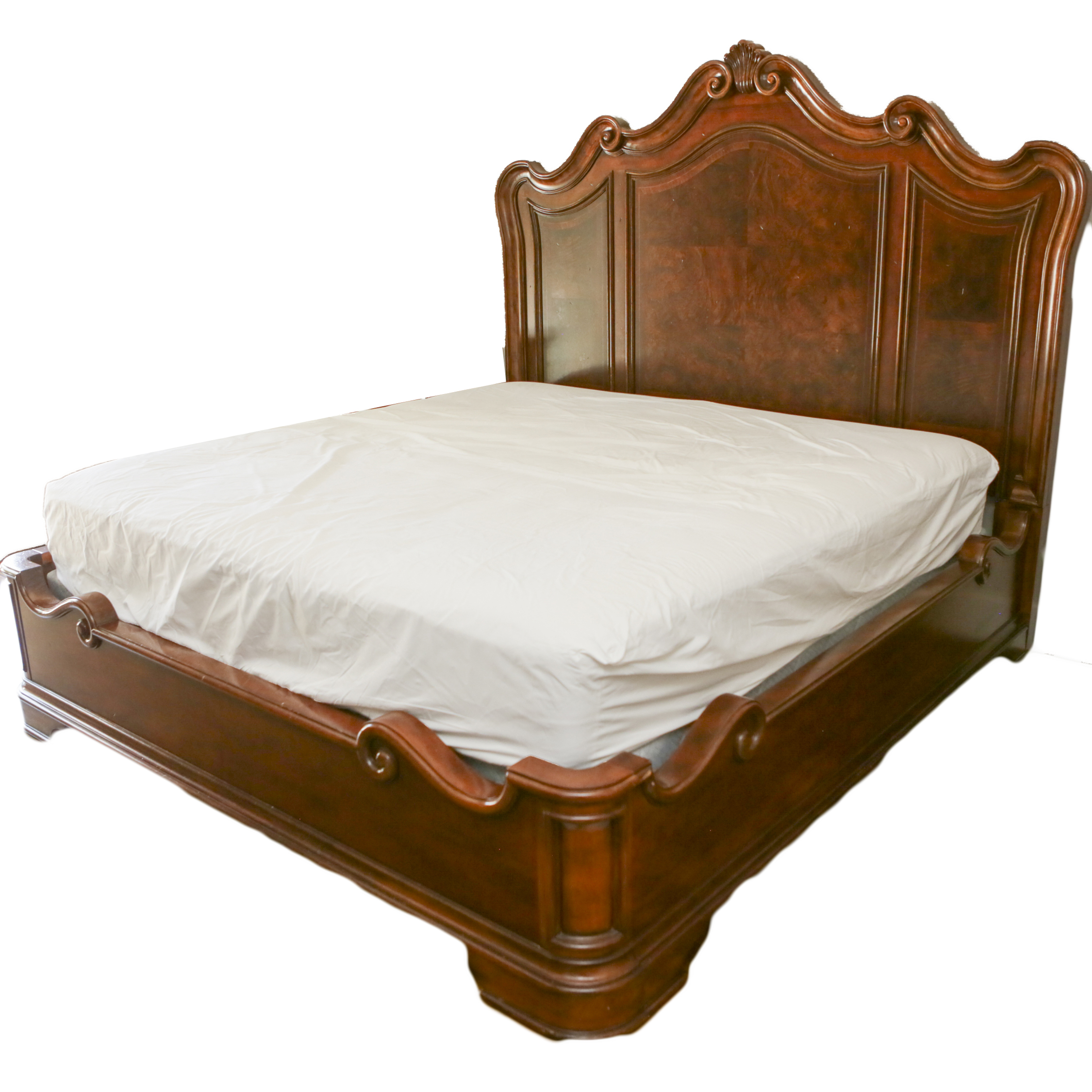 Contemporary Queen Anne Style Burl Wood King Size Bed Frame