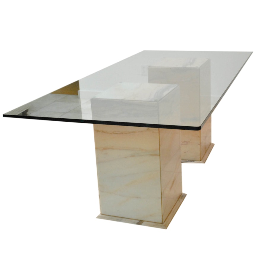 Modern Style Glass Top Marble Pedestal Dining Table