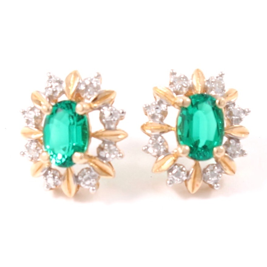 14K Yellow Gold Synthetic Emerald and Diamond Earrings