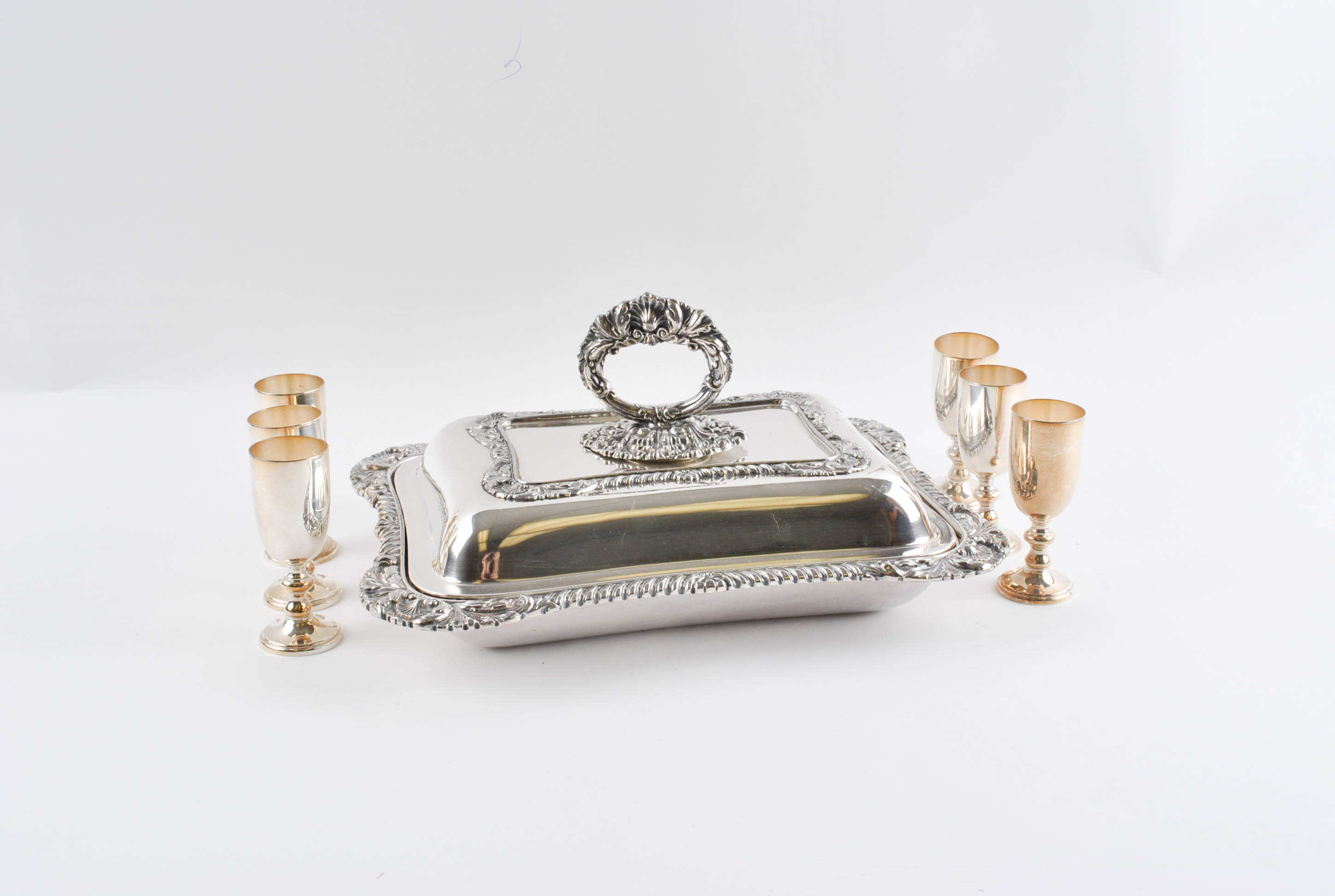 W. & S. Blackinton Silver Plate Liquor Glasses with Convertible Vegetable Dish