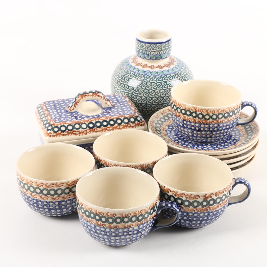 J. Okraska Pottery Vase and Boleslawiec Style Tableware