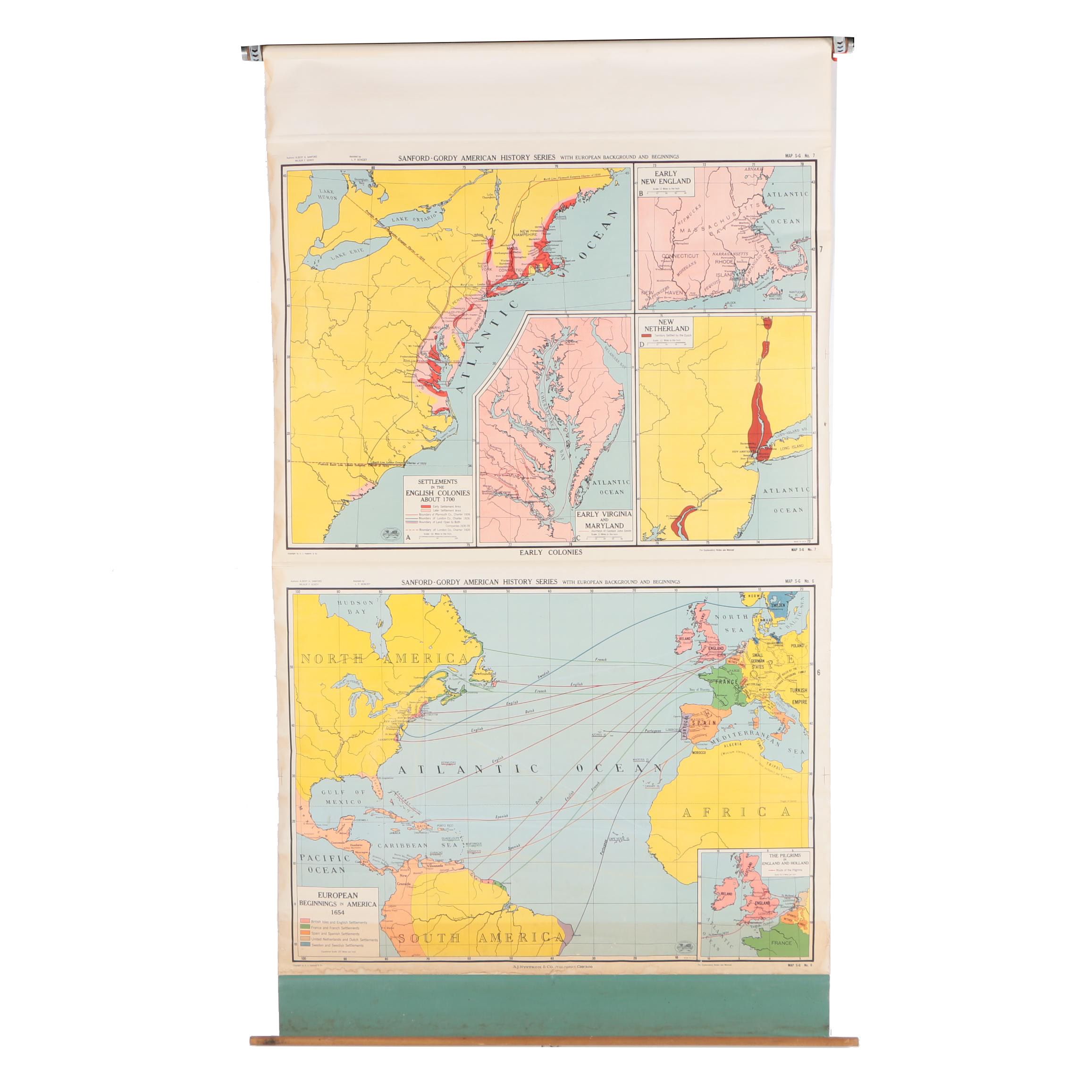 A.J. Nystrom Lithograph Map of English Colonies Circa 1700 and European Settlers