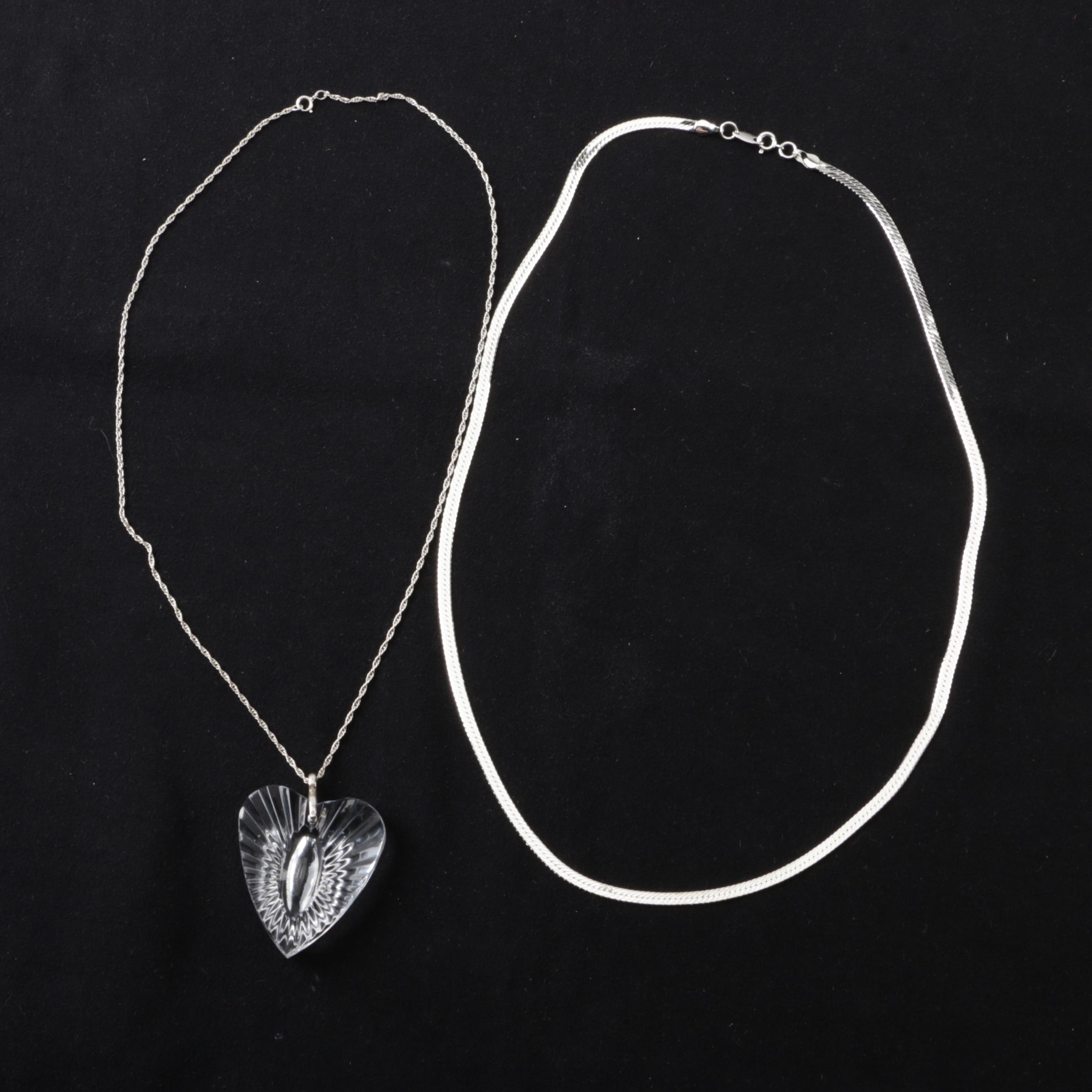 Herringbone Chain and Sterling Silver Waterford Glass Heart Pendant Necklace