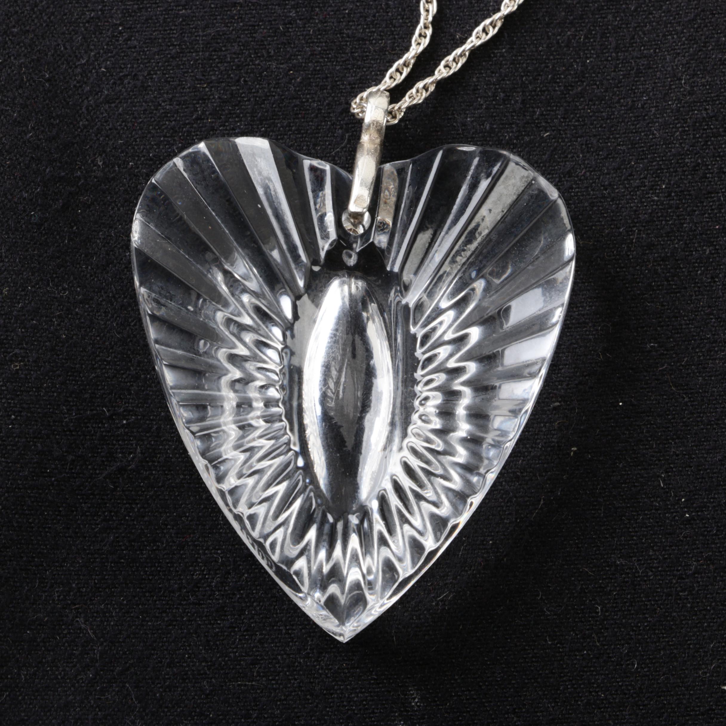 Herringbone Chain and Sterling Silver Waterford Glass Heart Pendant Necklace