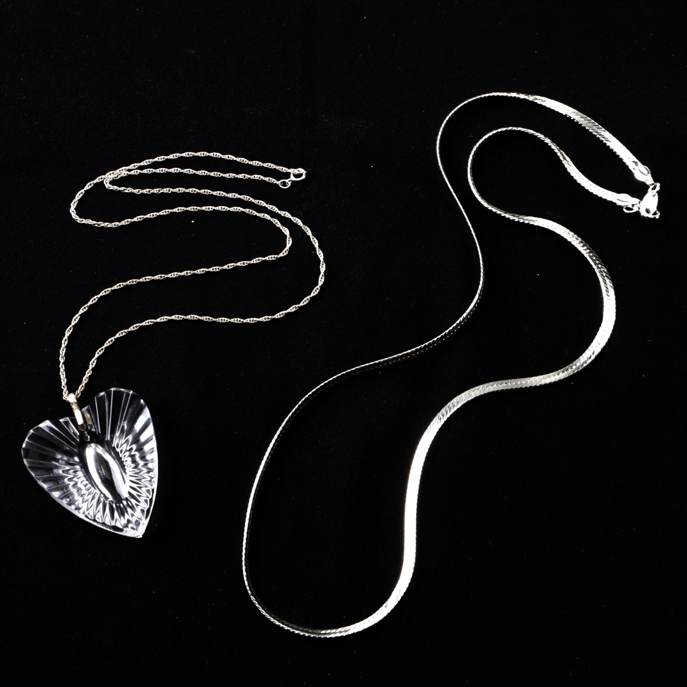 Herringbone Chain and Sterling Silver Waterford Glass Heart Pendant Necklace