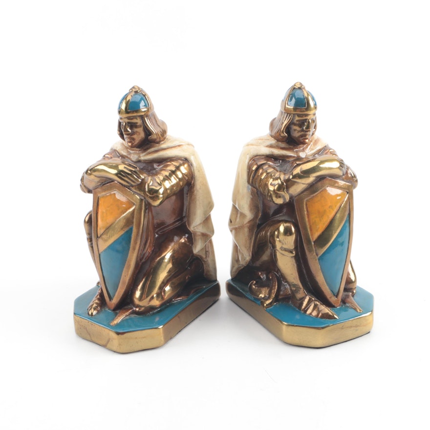 Vintage John Ruhl Style Brass-Toned Ceramic Crusader Bookends