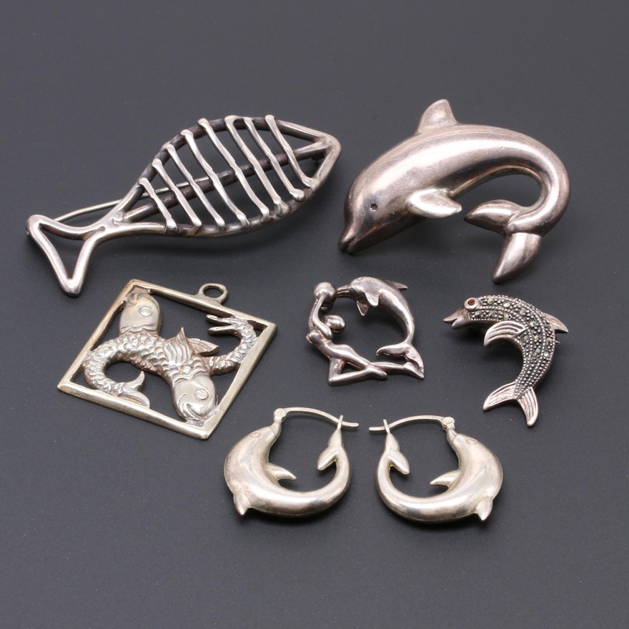 Assorted Sterling Silver and 865 Silver Marine Life Gemstone Jewelry