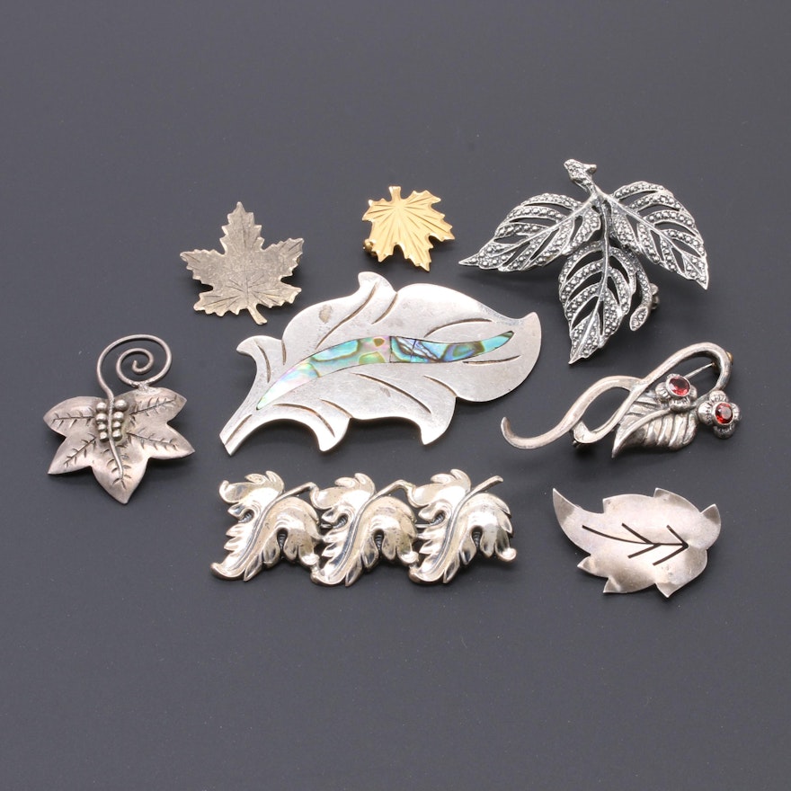Sterling Silver Leaf Brooches With Abalone and Garnet Accents