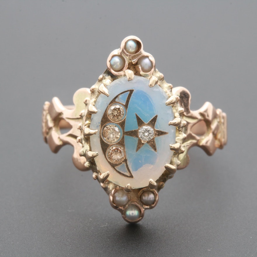 Victorian 9K Yellow Gold Glass, Diamond, and Seed Pearl Ring