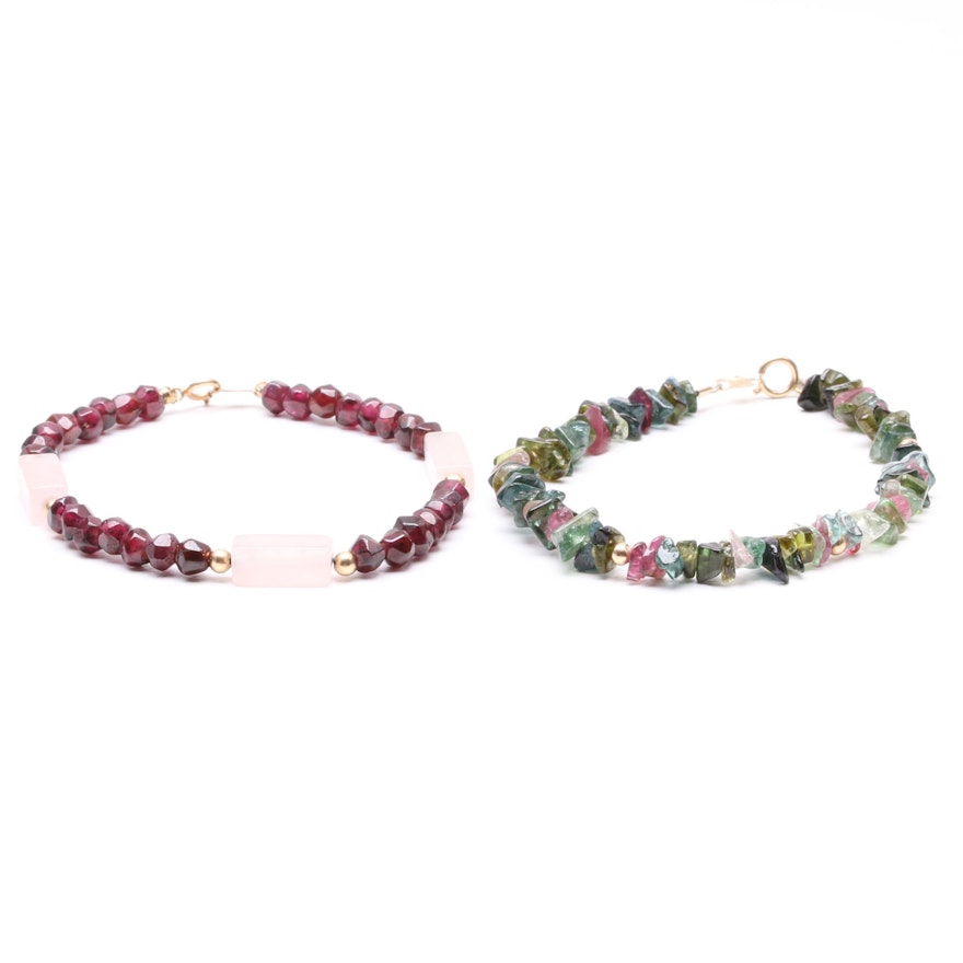 10K and 14K Yellow Gold Beaded Bracelets with Tourmaline
