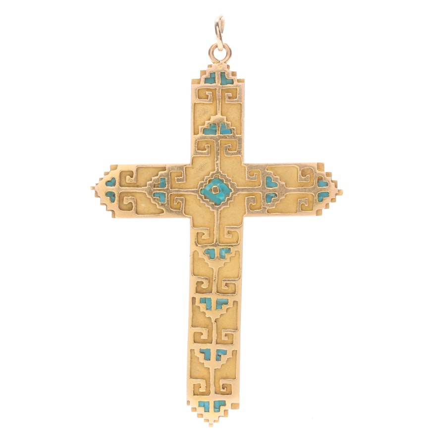14K Yellow Gold Cross Pendant With Turquoise Inlay