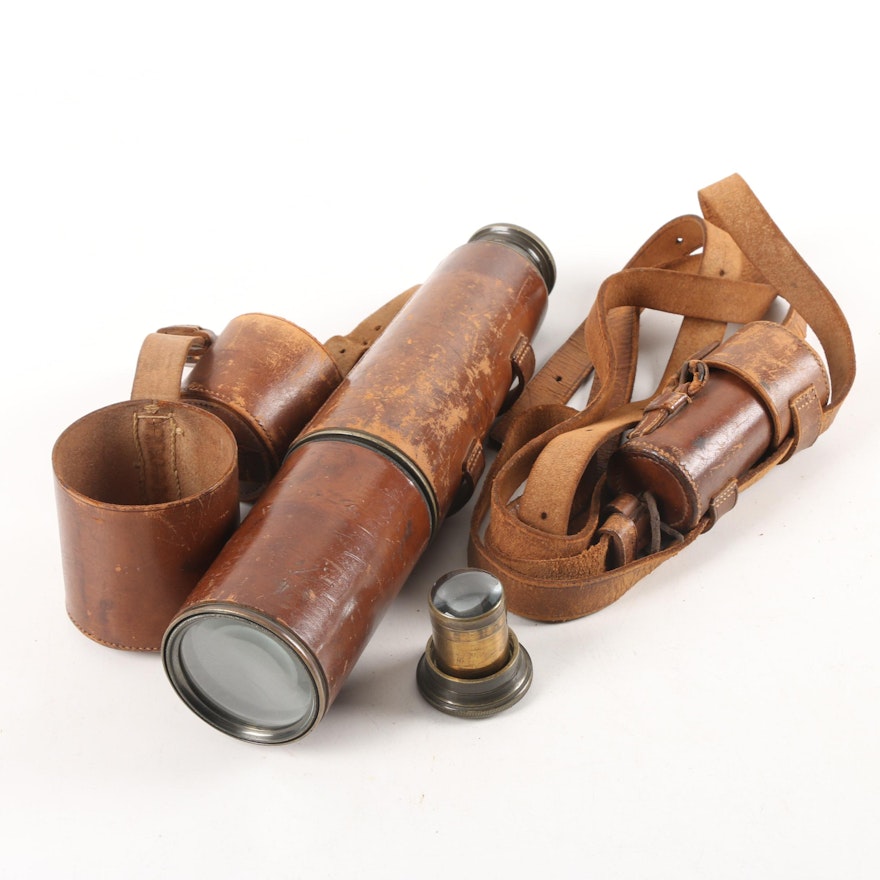Vintage Leather Wrapped Telescoping Spyglass and Pocket Telescope