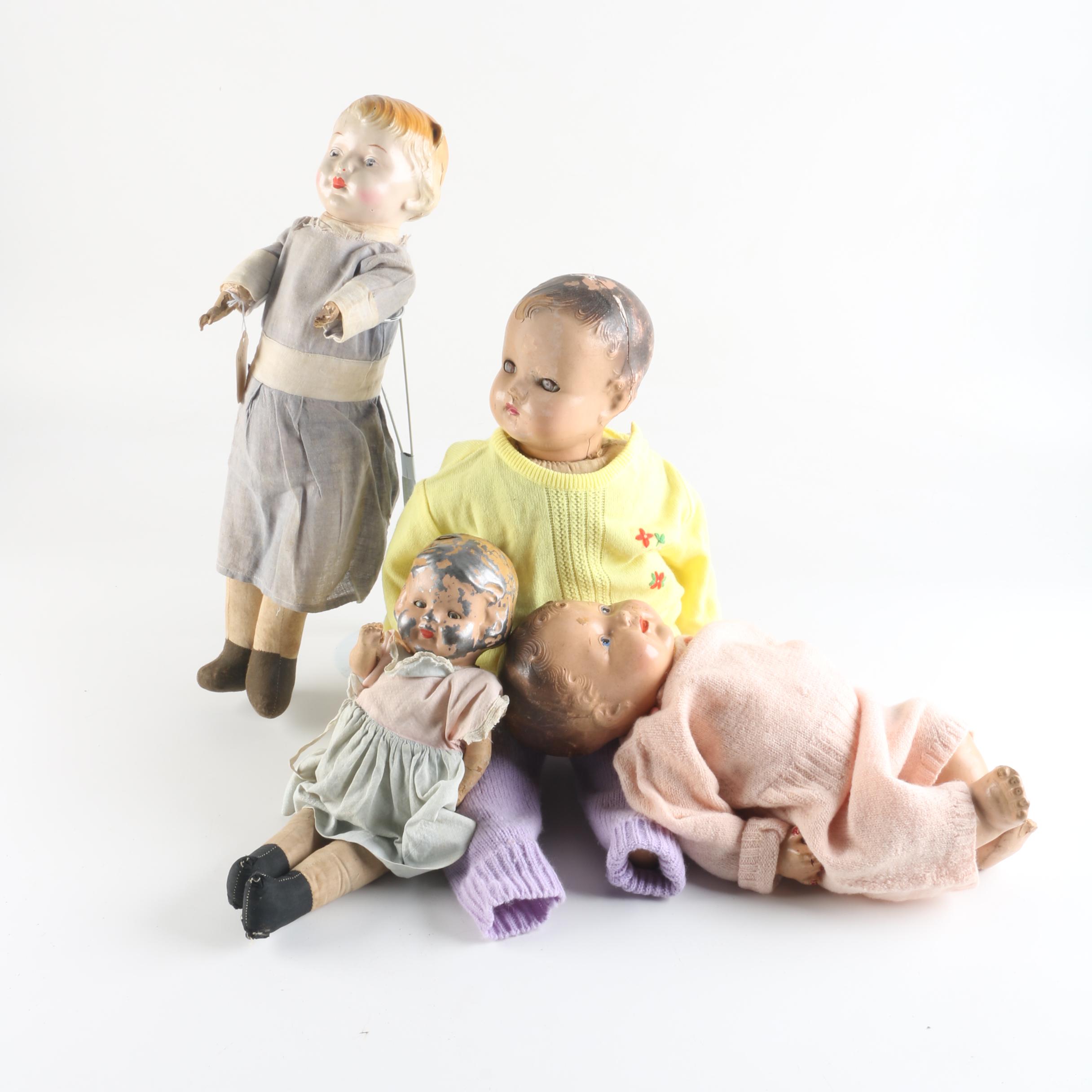 Circa 1920s Ribbon Loop Doll with Metal and Composition Baby Dolls