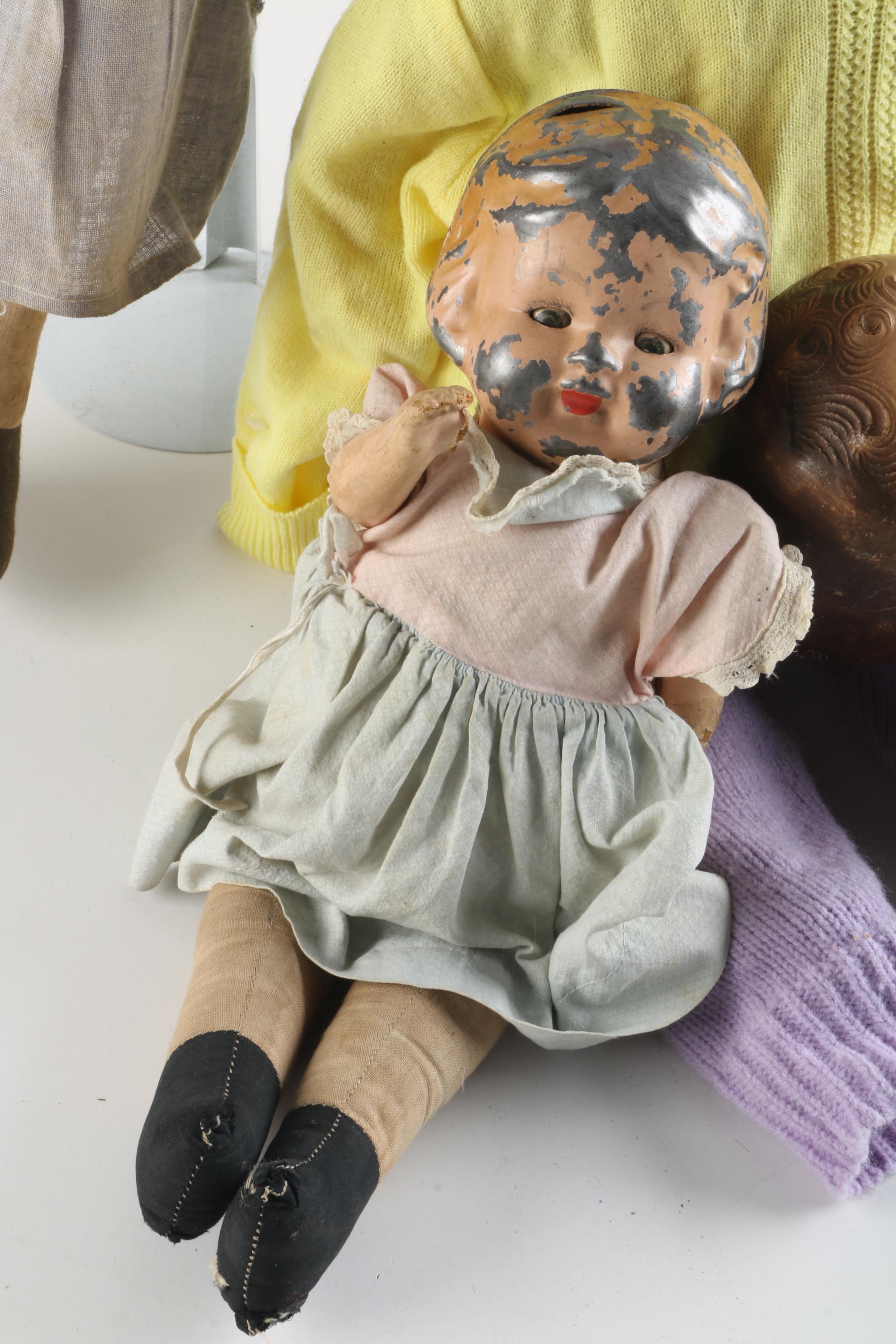 Circa 1920s Ribbon Loop Doll with Metal and Composition Baby Dolls