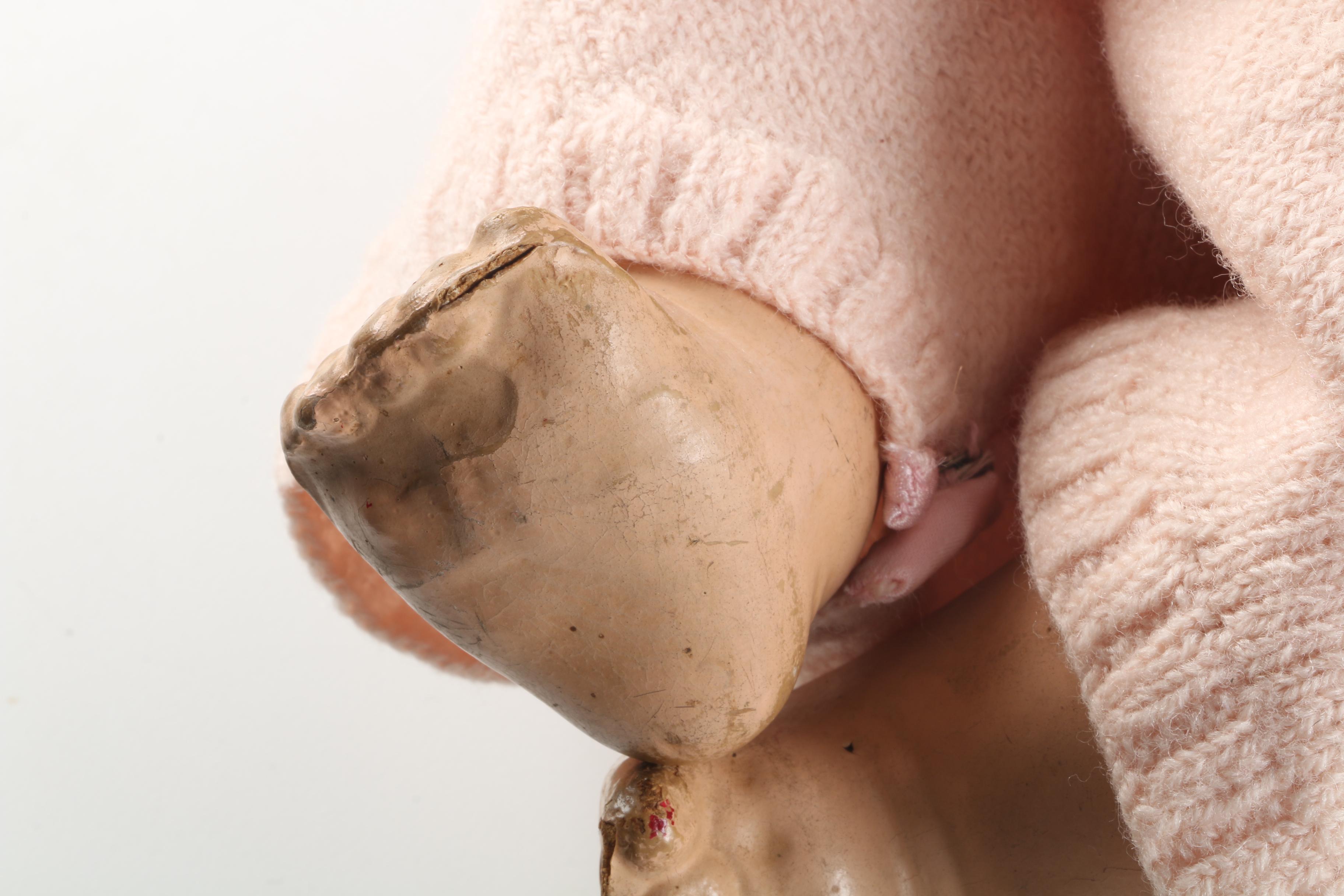 Circa 1920s Ribbon Loop Doll with Metal and Composition Baby Dolls