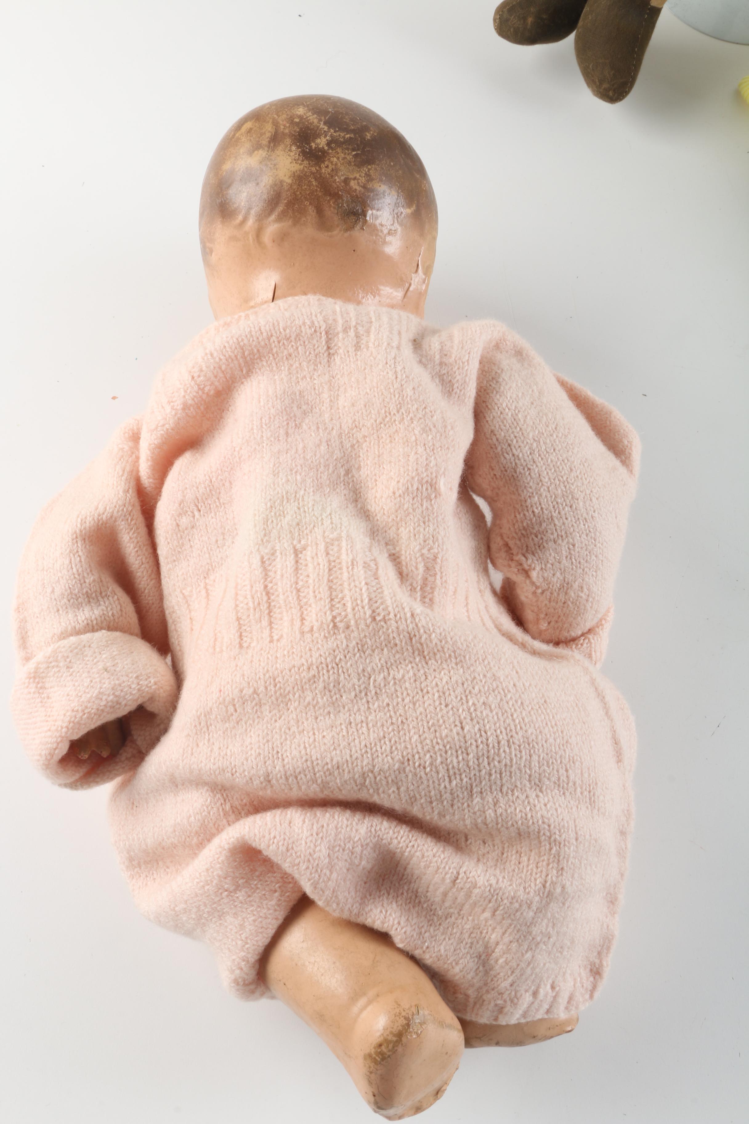 Circa 1920s Ribbon Loop Doll with Metal and Composition Baby Dolls