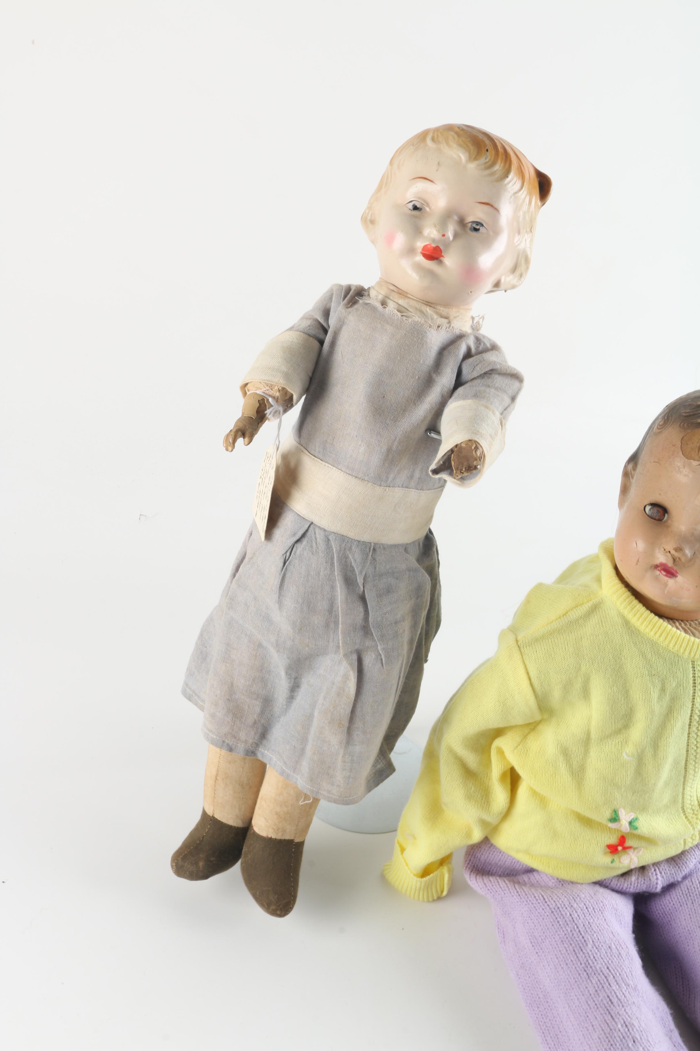 Circa 1920s Ribbon Loop Doll with Metal and Composition Baby Dolls