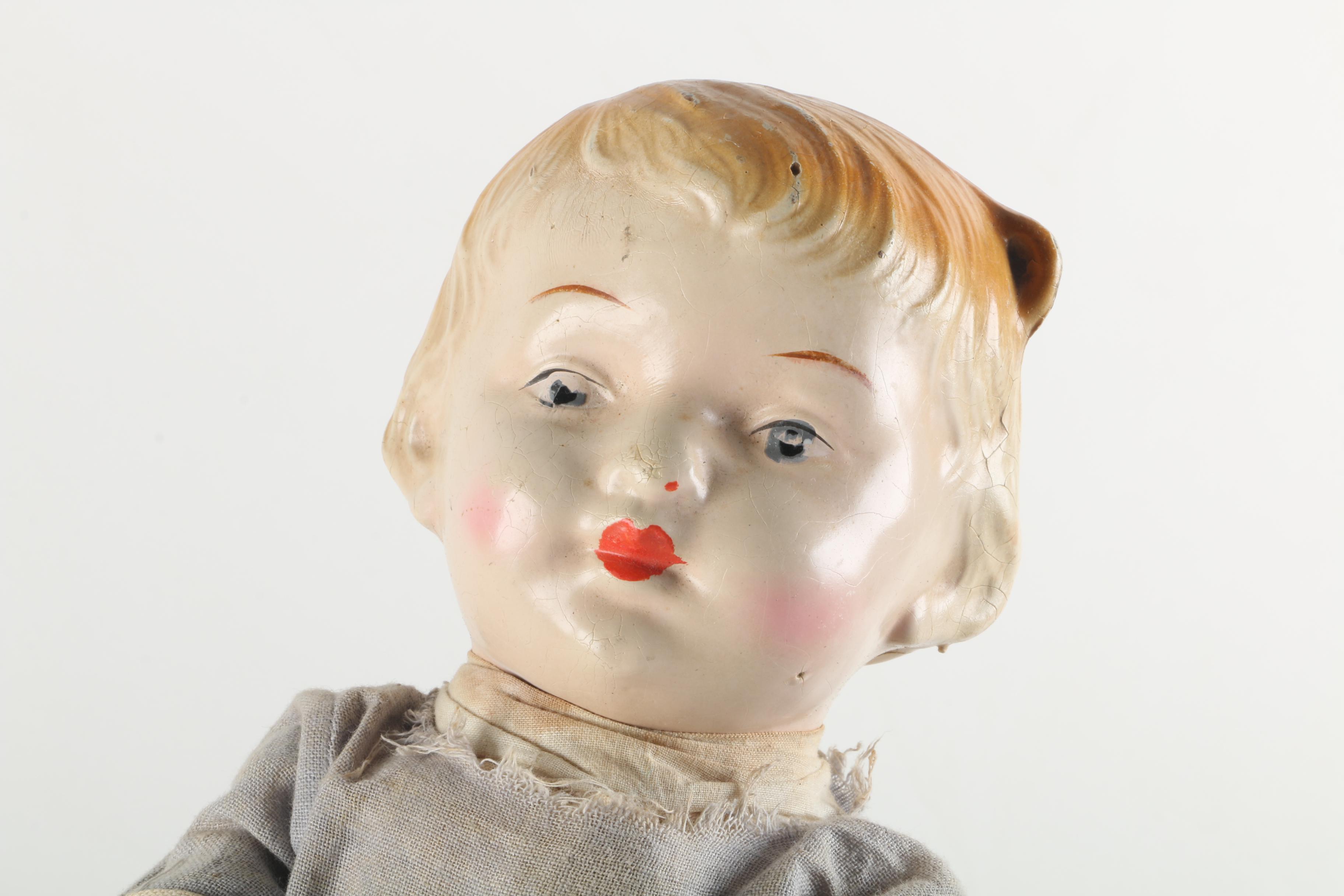 Circa 1920s Ribbon Loop Doll with Metal and Composition Baby Dolls