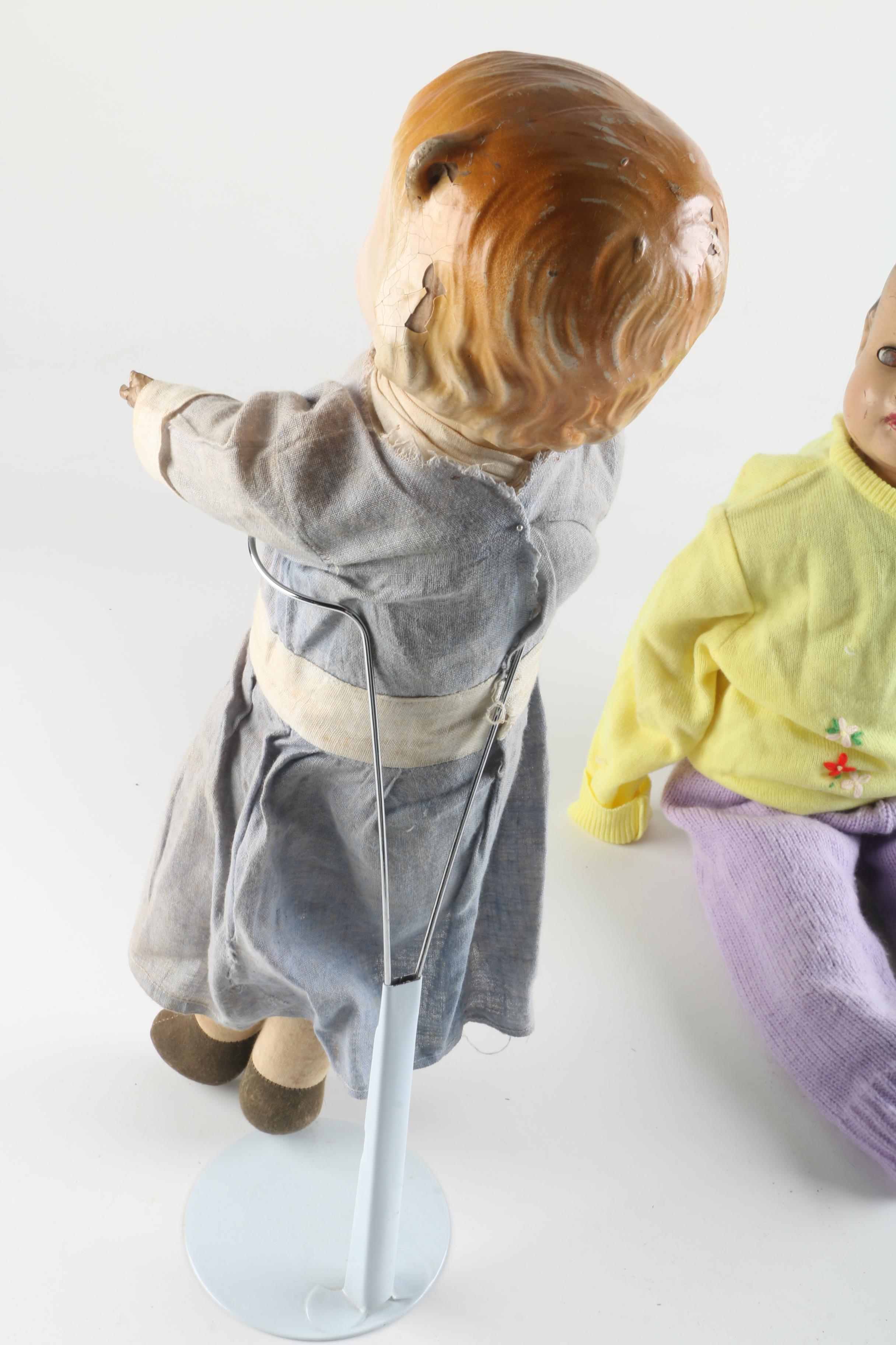 Circa 1920s Ribbon Loop Doll with Metal and Composition Baby Dolls