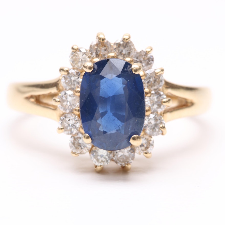 14K Yellow Gold Blue 1.08 CT Sapphire and Diamond Ring