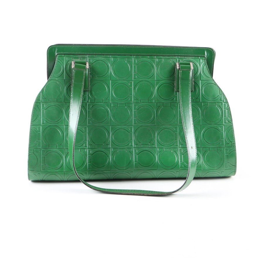 Salvatore Ferragamo Gancio Embossed Green Leather Shoulder Bag